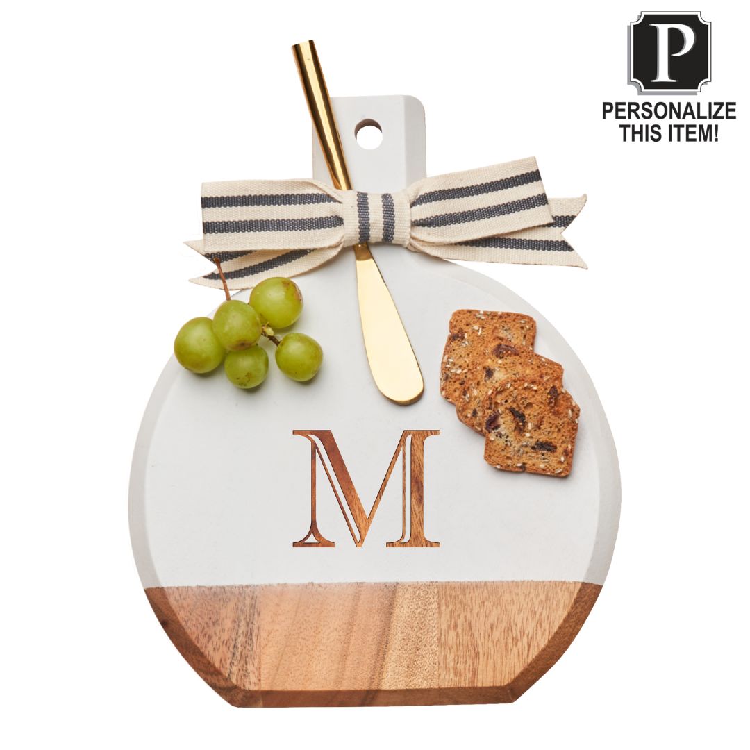 Personalized Acacia Wood Beveled Cutting Board with Ribbon & Gold Spreader Knife - White - 8