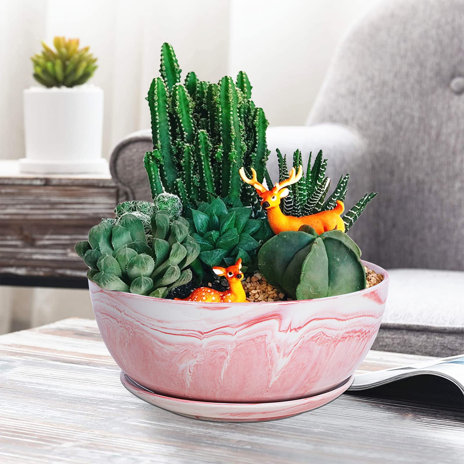 Large Ceramic Succulent Planter Pot with Drainage Hole & Saucer - Marble Flower Pot for Indoor/Outdoor Plants, Round Bonsai Planter in Pink - Perfect for Home Decor, Office Desk, Garden & Patio