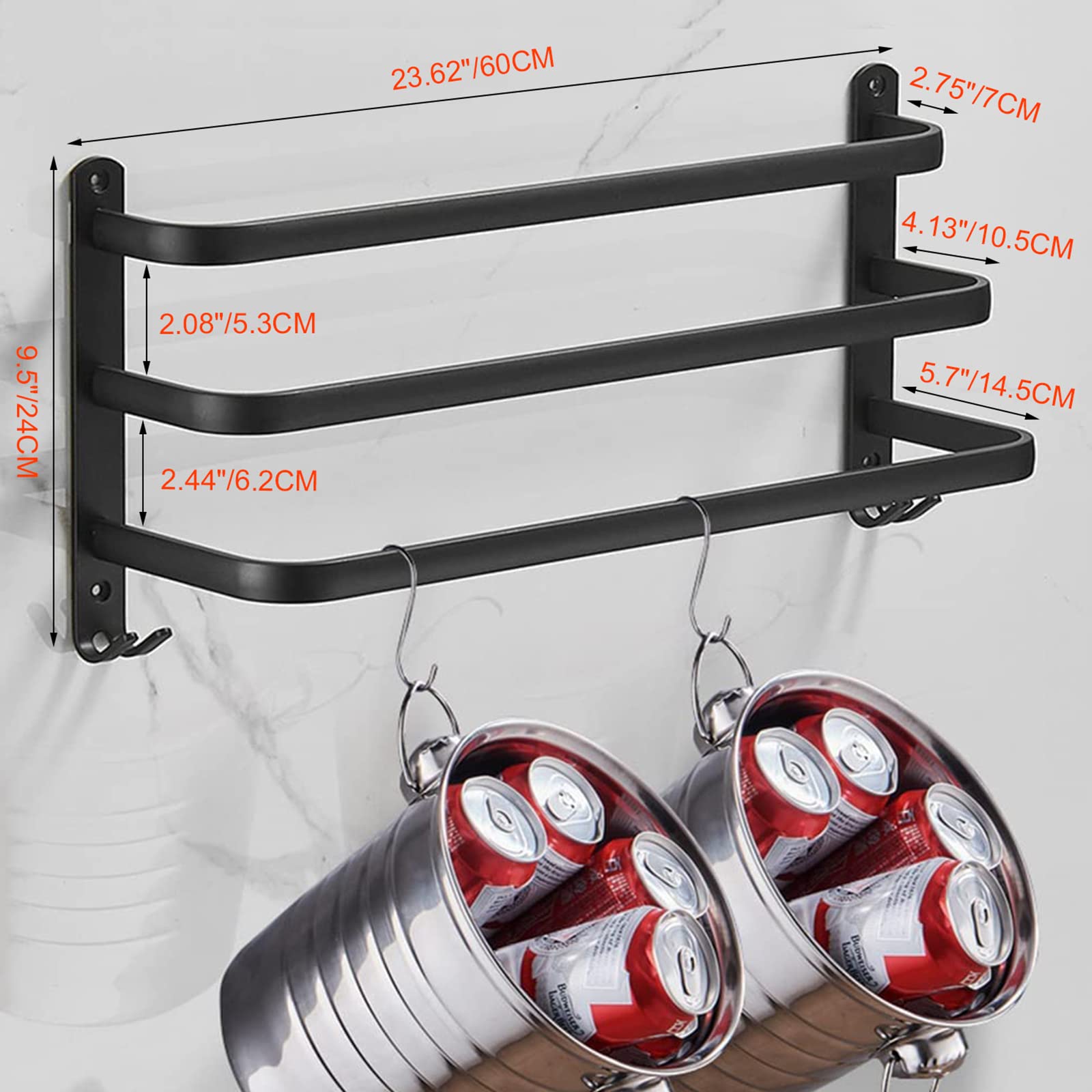 60cm No Drill Black Wall Mounted Towel Rail - Bathroom & Kitchen Towel Holder for Hand, Dish & Bath Towels - Space Saving Bathroom Accessory Set for Small Spaces