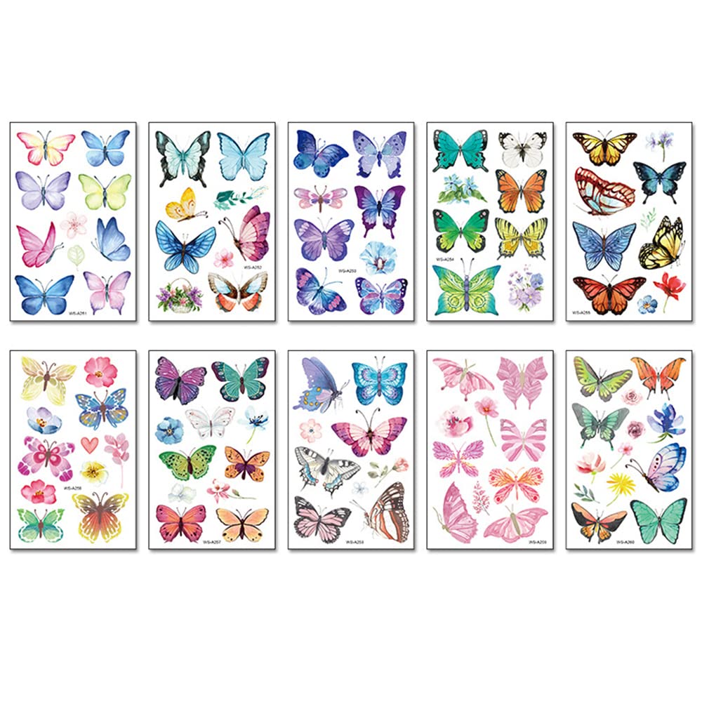 Colorful Butterfly Temporary Tattoo Stickers for Kids - 10PCS Safe Waterproof Fake Tattoos for Face, Hands & Body - Perfect for Birthday Parties, Halloween Costumes & Festival Decorations (12x7.5cm)