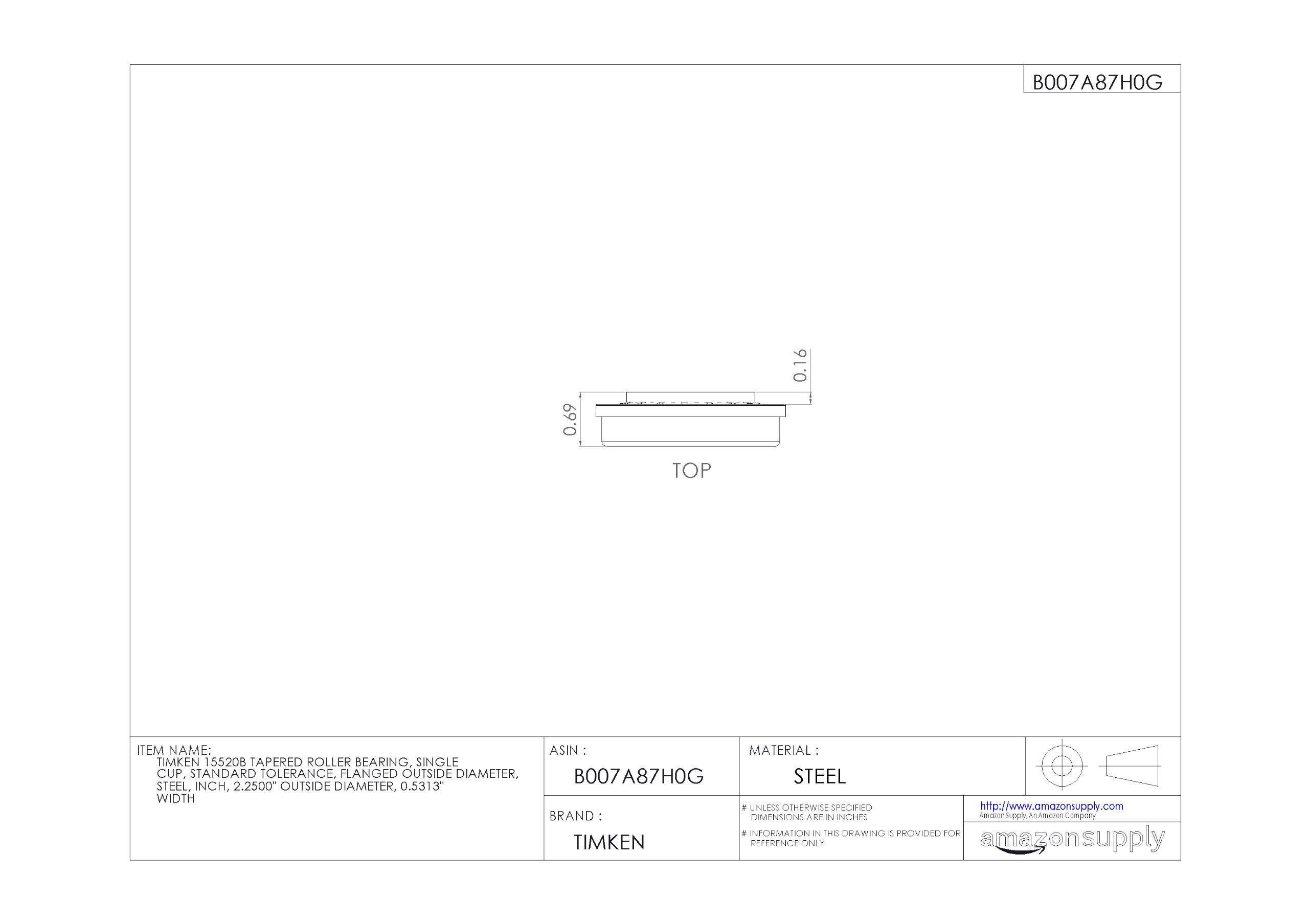 Timken 15520B Tapered Roller Bearing - Single Cup, Standard Tolerance, Flanged OD, Steel Construction, 2.25