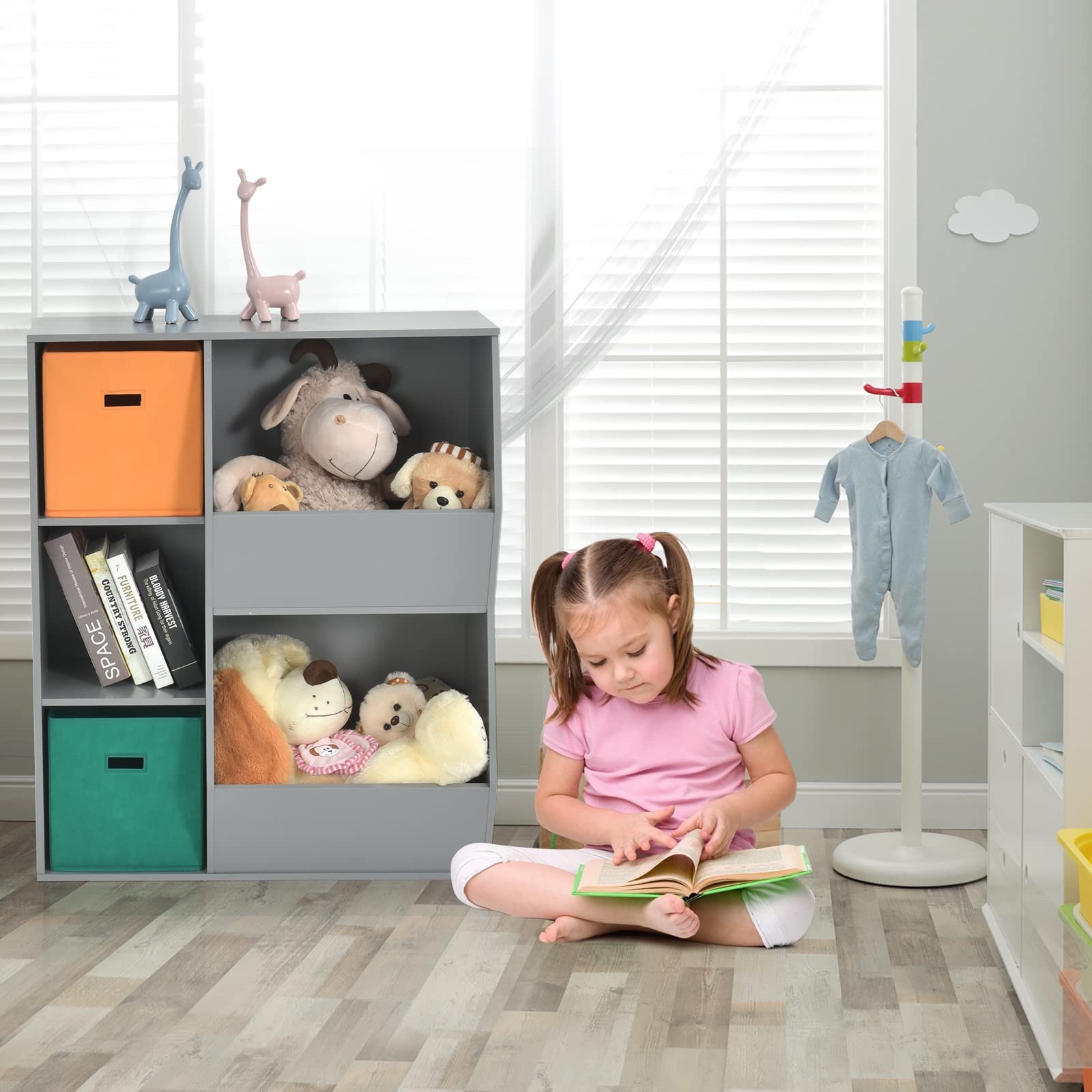 Costzon 5-Cubby Wooden Toy Storage Organizer with Bookcase & Bins - Kids Bookshelf & Toy Storage Cabinet for Toddlers - Playroom, Nursery, Daycare & Living Room Organization (Gray)