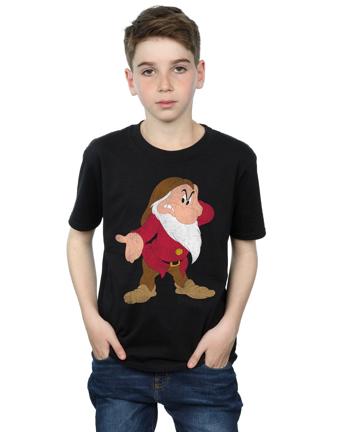 Disney Grumpy Dwarf Boys T-Shirt - Snow White & The Seven Dwarves Classic Graphic Tee for Kids 5-6 Years - Black Cotton Shirt for Playdates, Birthday Parties & Disney Theme Events
