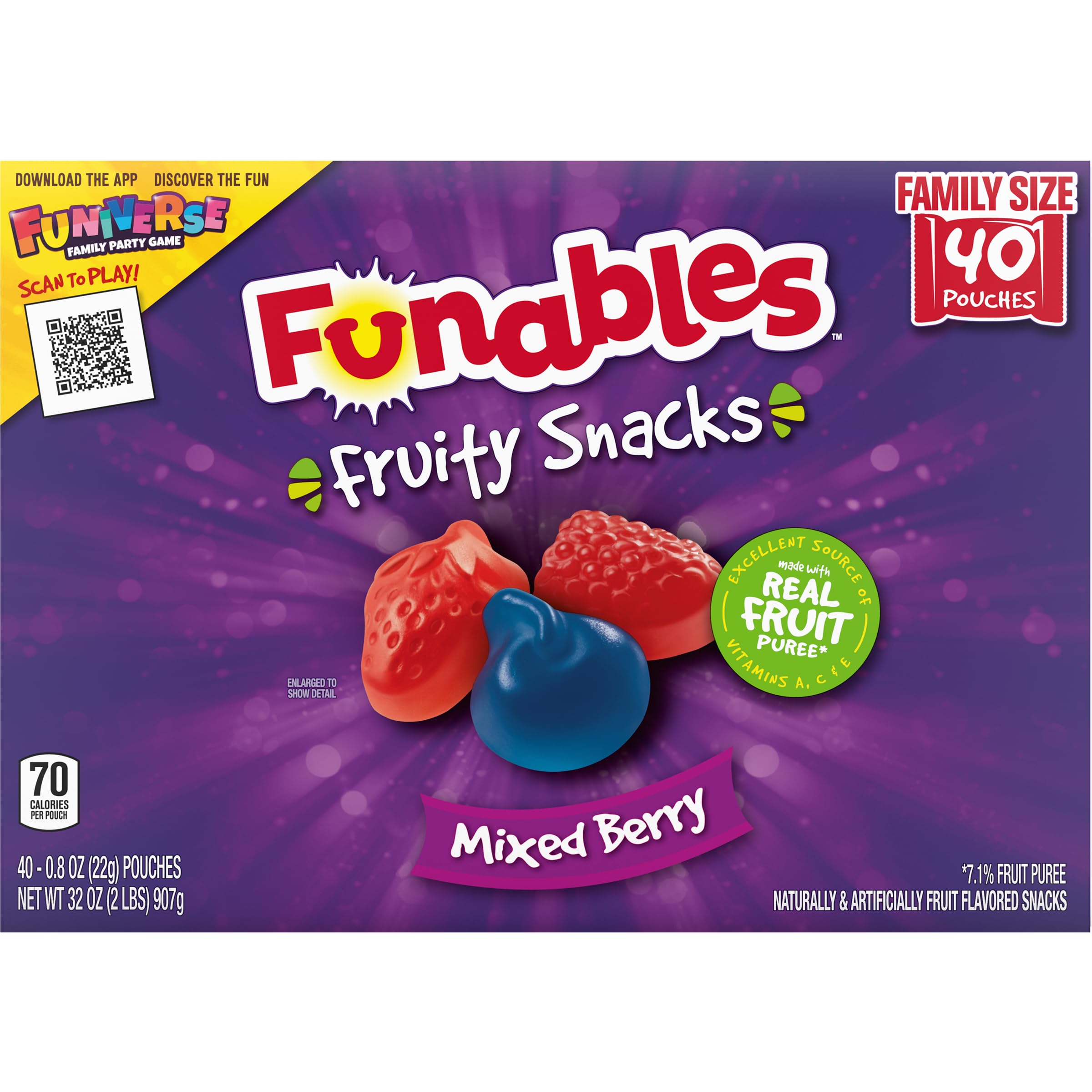 Funables Mixed Berry Flavored Fruit Snacks - 40 Count (32 oz) | Healthy Kids Snacks for Lunch Boxes, School, Travel & On-the-Go