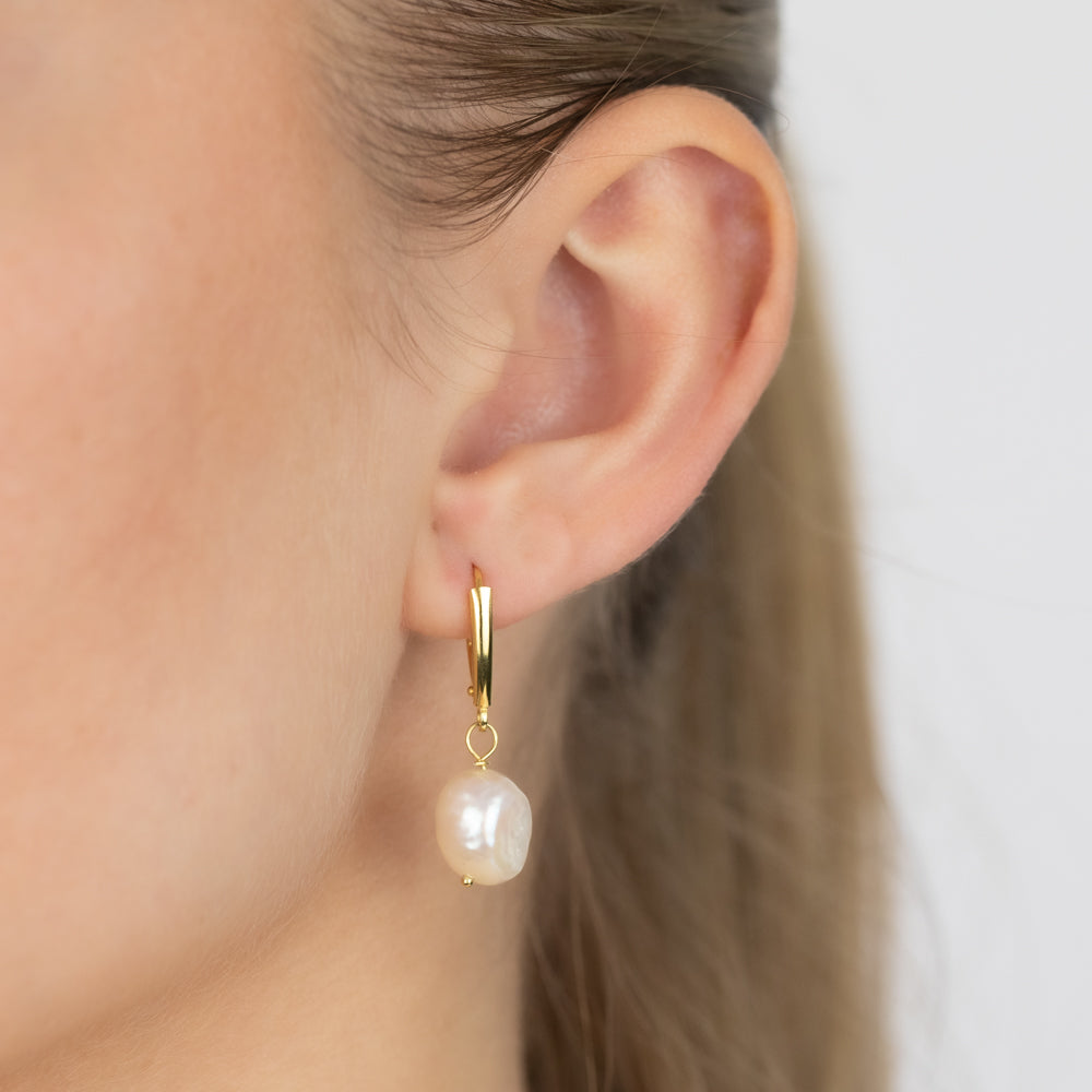 9.5mm & 10.5mm White Freshwater Pearl Drop Earrings - 14K Gold Plated Sterling Silver - Elegant Dangle Earrings for Women, Perfect for Weddings, Parties & Special Occasions
