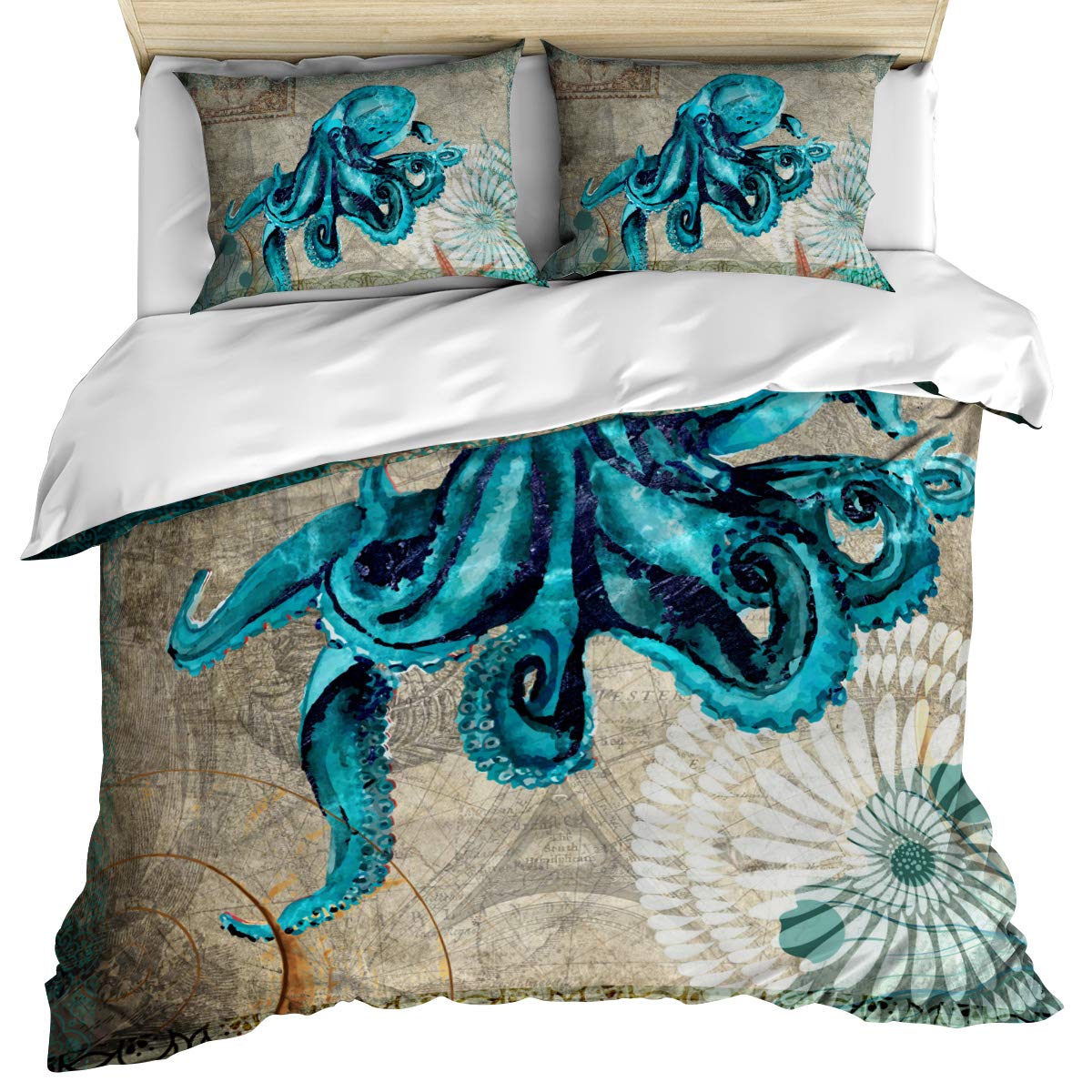 Luxury Ocean Octopus Watercolor Duvet Cover Set - Full Size 3 Piece Bedding with Pillow Shams | Soft Cotton Nautical Kraken Design for Cozy Bedroom Decor | Machine Washable for Easy Care | Perfect for Guest Rooms, Beach House & Coastal Themed Bedrooms