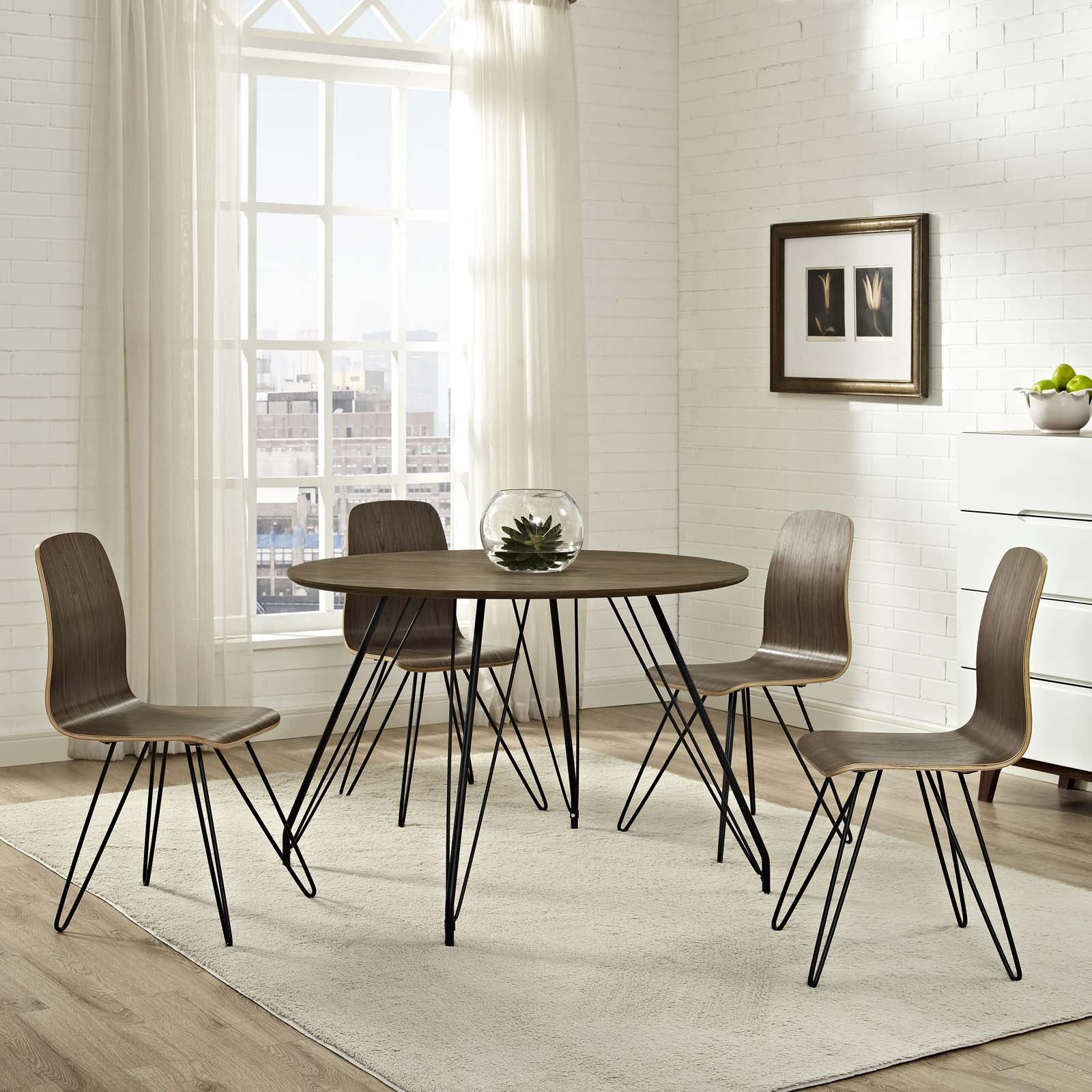Modway Satellite 5-Piece Mid-Century Modern Walnut Dining Table Set with 4 Chairs - Perfect for Small Kitchens, Breakfast Nooks & Cozy Dining Rooms