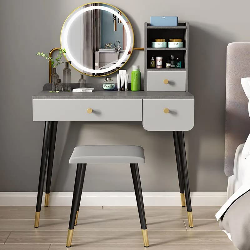 Redsun Vanity Set with Mirror & 3-Color Dimmable LED Lights - Adjustable Brightness Makeup Dressing Table with 3 Drawers & Cushion Stool (V-6014) for Women | Perfect for Bedroom, Dressing Room & Beauty Salon Makeup Application