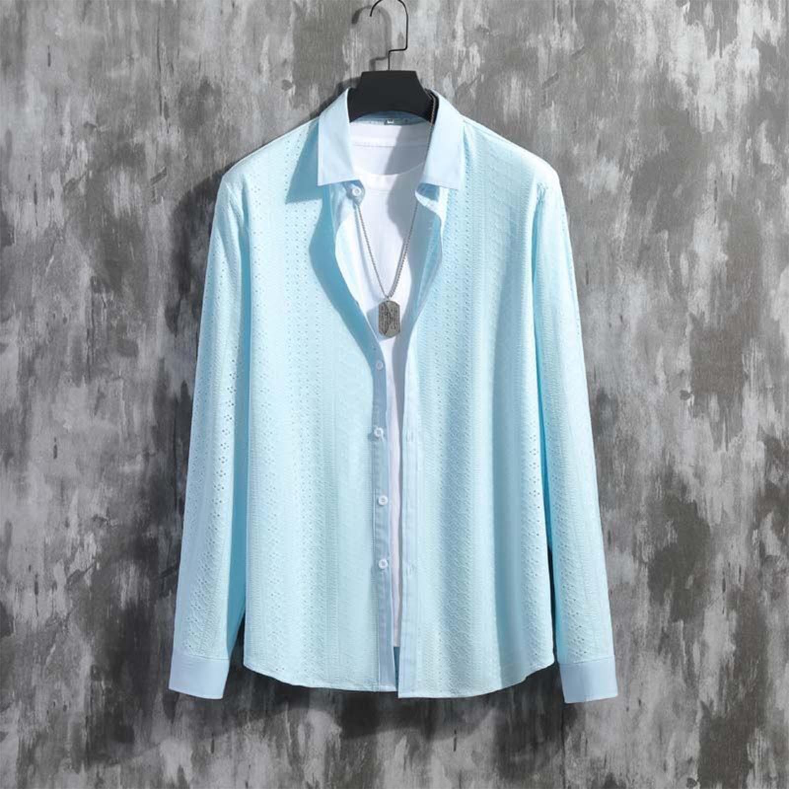 Men's Casual Long Sleeve Button Down Shirt - Loose Fit Knit Crochet Vintage Dress Shirt with Stylish Cuban Collar | Perfect for Beach Parties, Date Nights & Summer Outings
