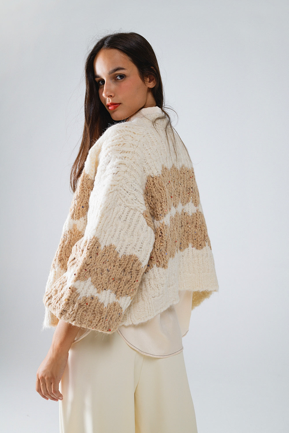 Chunky Knit Striped Cardigan with Glitter Details - Cream - Cozy Winter Wear for Women, Perfect for Casual Outfits & Holiday Parties