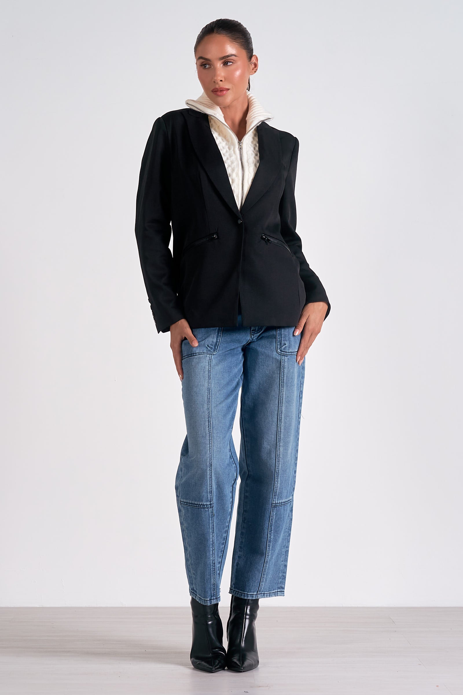 Harper Blazer Hoodie for Women - Black & Cream Zip Up Jacket with Pockets | Casual Outerwear for Work, Travel & Street Style
