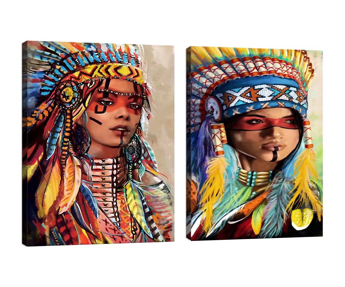 Native American Girl Wall Art - Feathered Portrait Canvas Painting for Bedroom & Living Room Decor