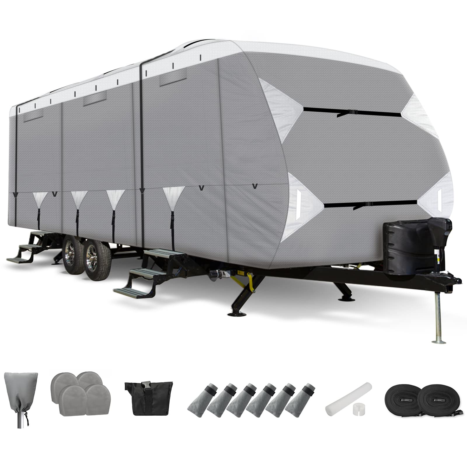 Leader Accessories Heavy-Duty RV Cover for Travel Trailers 30'-33' - Waterproof, UV-Resistant, Tear-Proof Camper Cover with Aluminum Film Top & Cotton Lining (Silver/Grey) | All-Weather Protection for Outdoor Storage & Winter Use