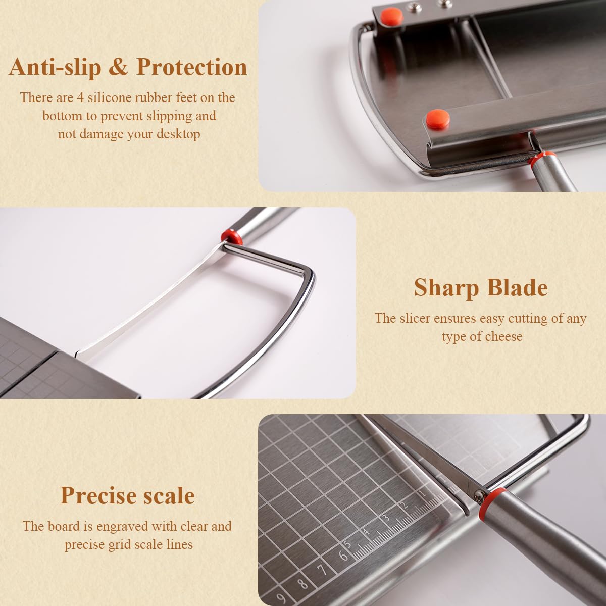Premium Stainless Steel Cheese Slicer with Sharp Blade & Measurement Scale - Multi-Purpose Kitchen Tool for Cutting Cheese Blocks, Butter, Sausage, Ham & Vegetables - Perfect for Charcuterie Boards, Party Platters & Home Cooking