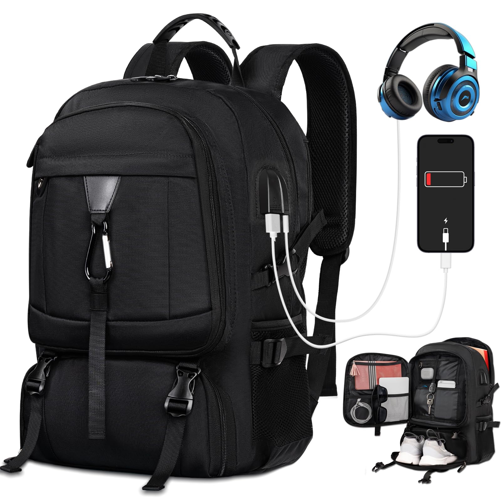 Extra Large Travel Backpack for Men & Women - 18.4 Inch Laptop Backpack with Shoe Compartment & USB Charging Port - Durable College Backpack for Business, Hiking, Camping (Fits Above 5.74 ft Height) - Perfect for Commuting, Air Travel & Outdoor Adventures
