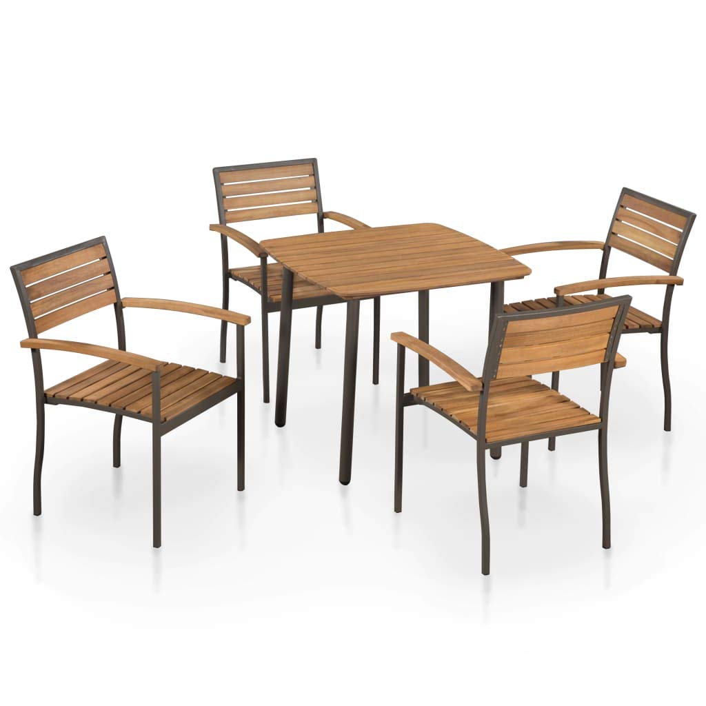 5-Piece Outdoor Dining Set with 4 Stacking Chairs - Solid Acacia Wood & Steel Industrial Patio Furniture for Garden, Poolside, Backyard, and Restaurant Outdoor Seating