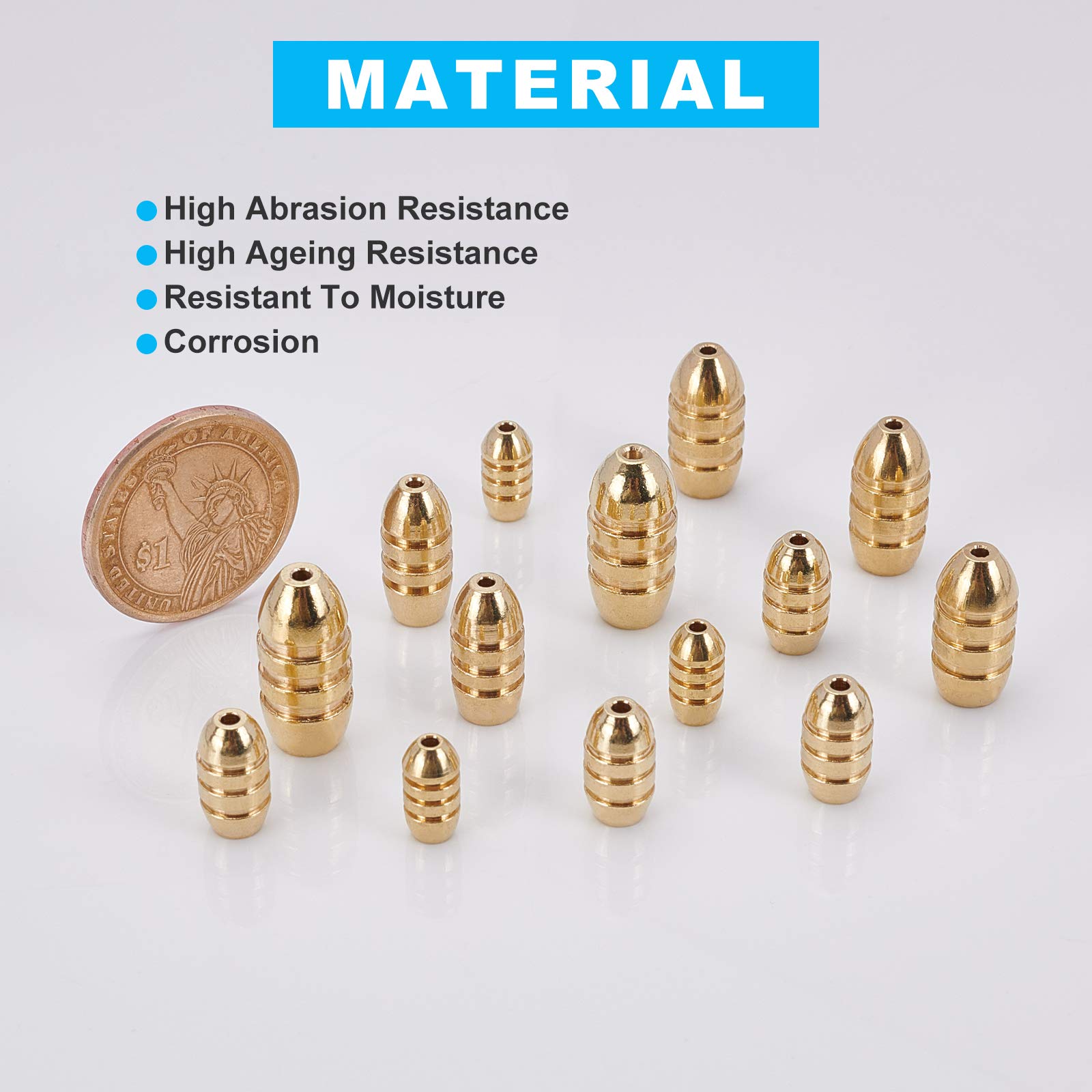 52PCS 5-Size Golden Brass Fishing Weights Sinkers - Grooved Bullet Shape for Freshwater & Saltwater Bass Fishing - Perfect for Shore, Boat and Ice Fishing