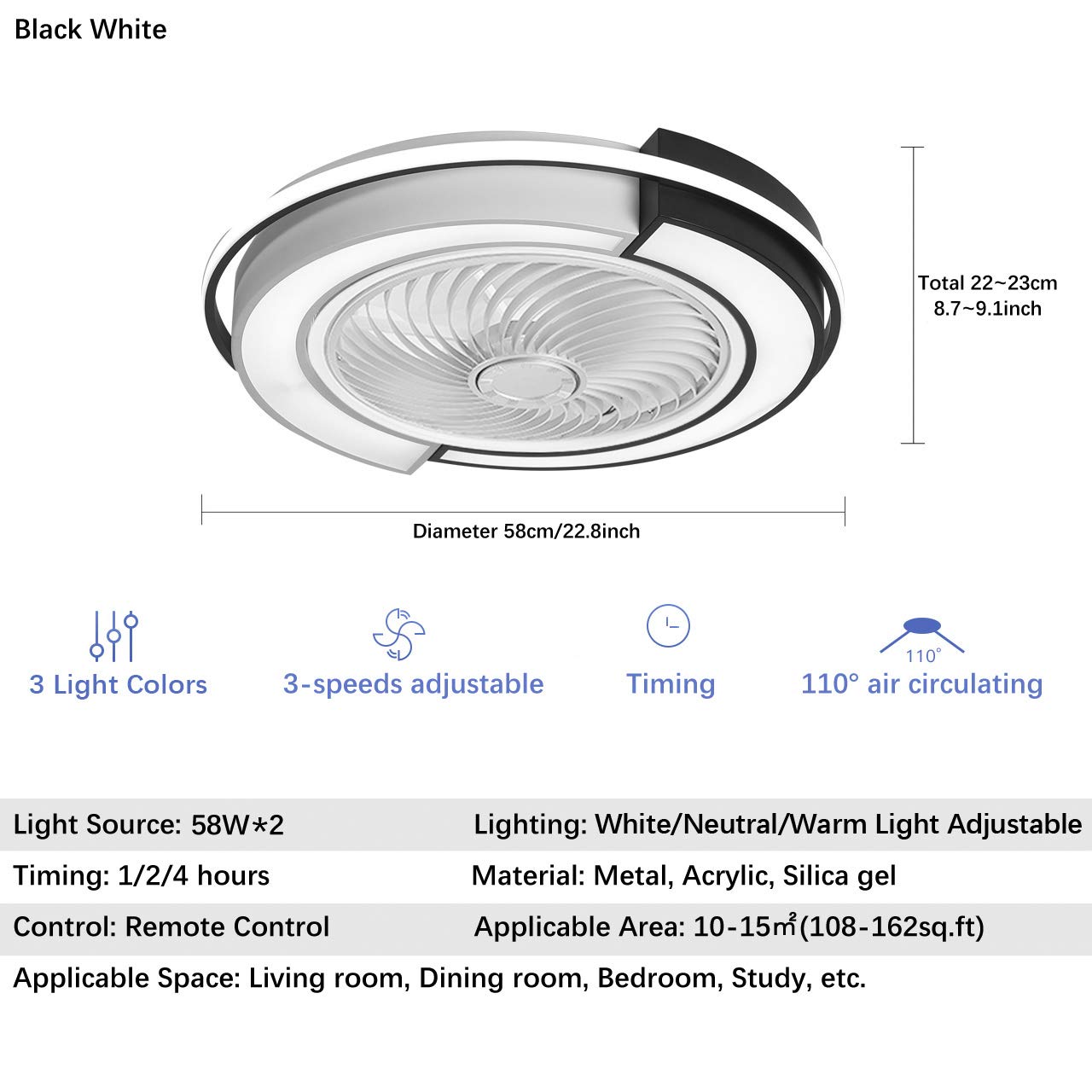 Modern LED Ceiling Fan with Lights - Remote Control, 3-Speeds, Hidden Blade Low Profile Design (23 Inch/58cm, Black & White) - Perfect for Bedroom, Living Room, and Office Spaces