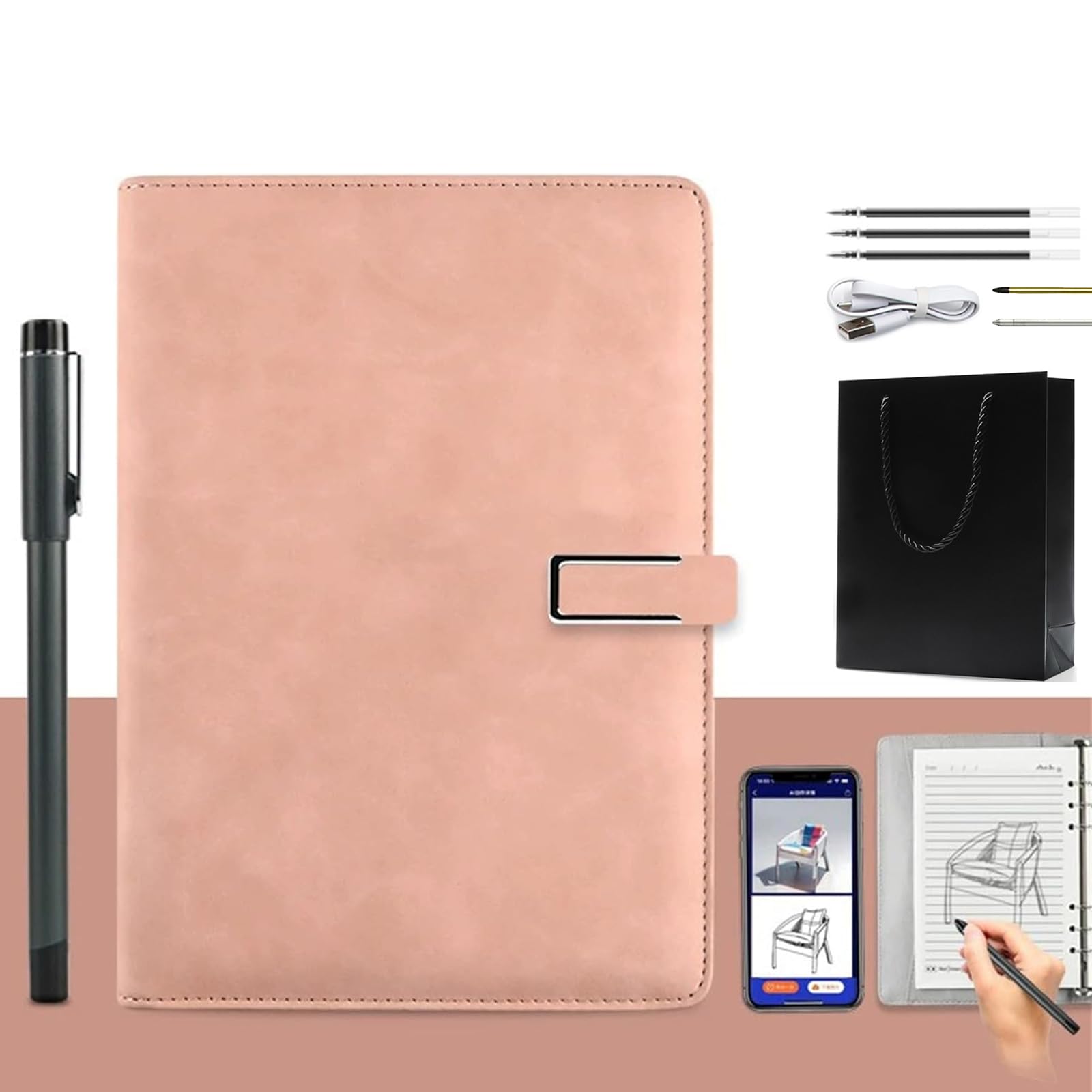 Synctify Digital Sketchbook Pro Set V2 - Bluetooth 5.0 Wireless Smart Notebook with Offline Storage, Replaceable Pen Refills & Paper - Includes 3/5pc Refills (Pink) - Perfect for Artists, Designers & Note-Taking Professionals