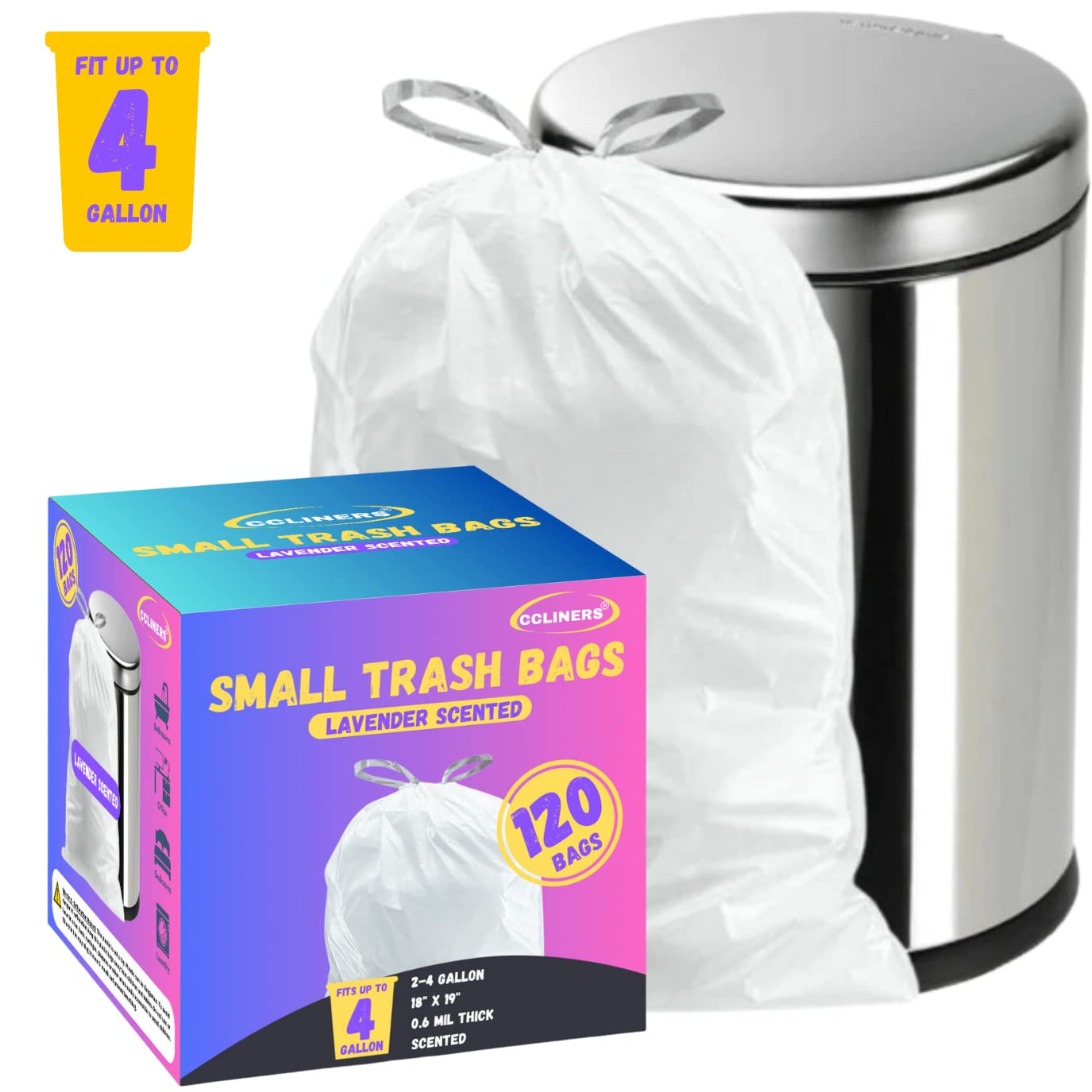 4 Gallon Lavender Scented Drawstring Trash Bags - 120 Count Small Bathroom Garbage Can Liners for Home, Office, Kitchen & Bedroom Waste Bins - Fresh Scented Odor Control for Daily Use