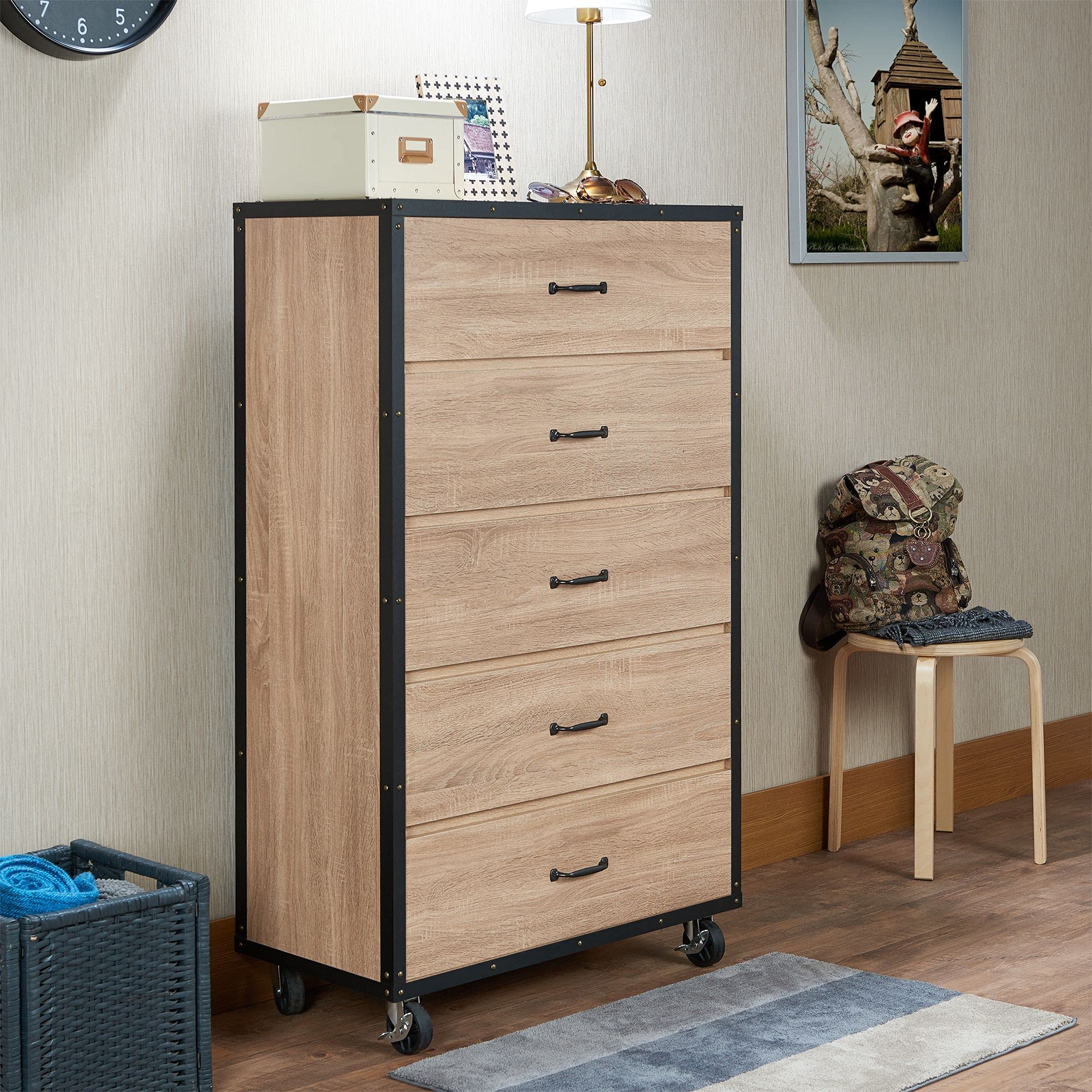 Modern 5-Drawer Dresser with Wheels - Solid Oak Wood Storage Cabinet with Metal Handles for Bedroom, Closet, Living Room & Nursery | Space-Saving Organizer for Clothes, Toys & Home Essentials