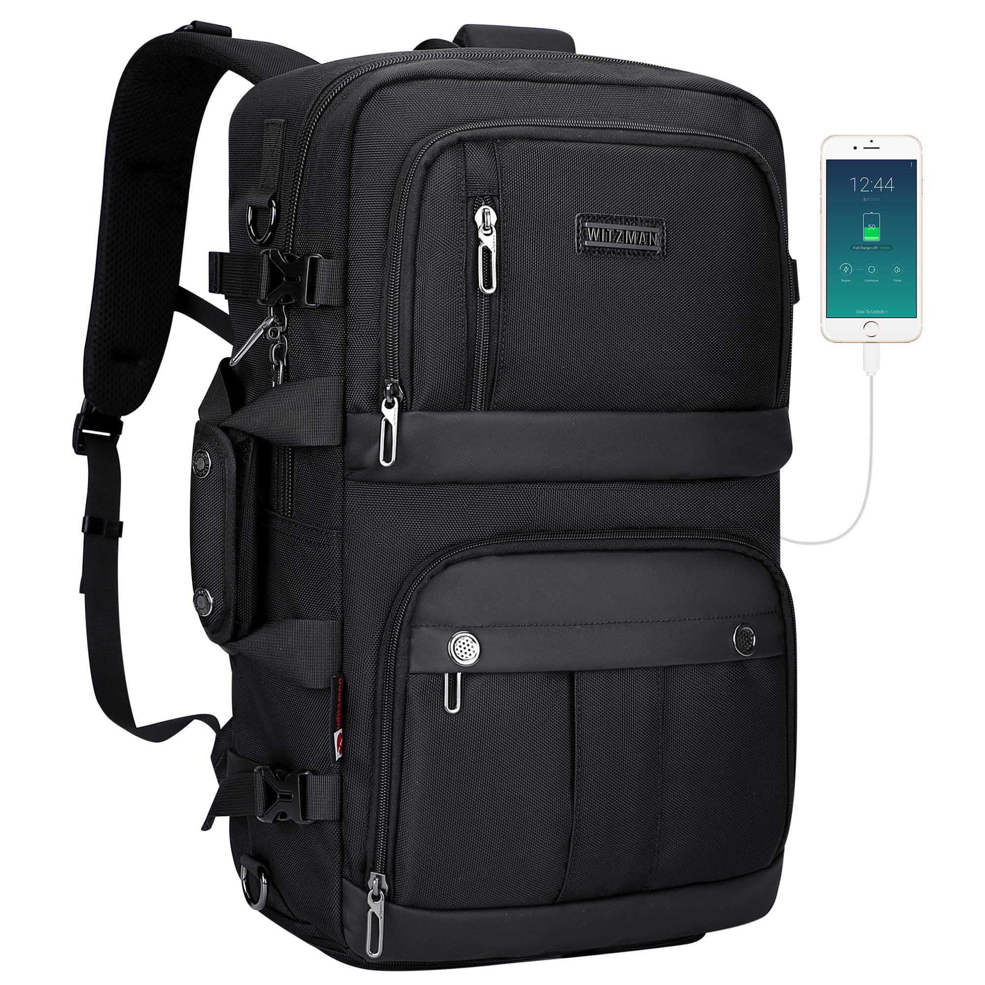 WITZMAN Carry-On Travel Backpack for Men & Women - Airline Approved Laptop Backpack with USB Charging Port (B683 Classic Black) - Perfect for Business Trips, College & Weekend Getaways