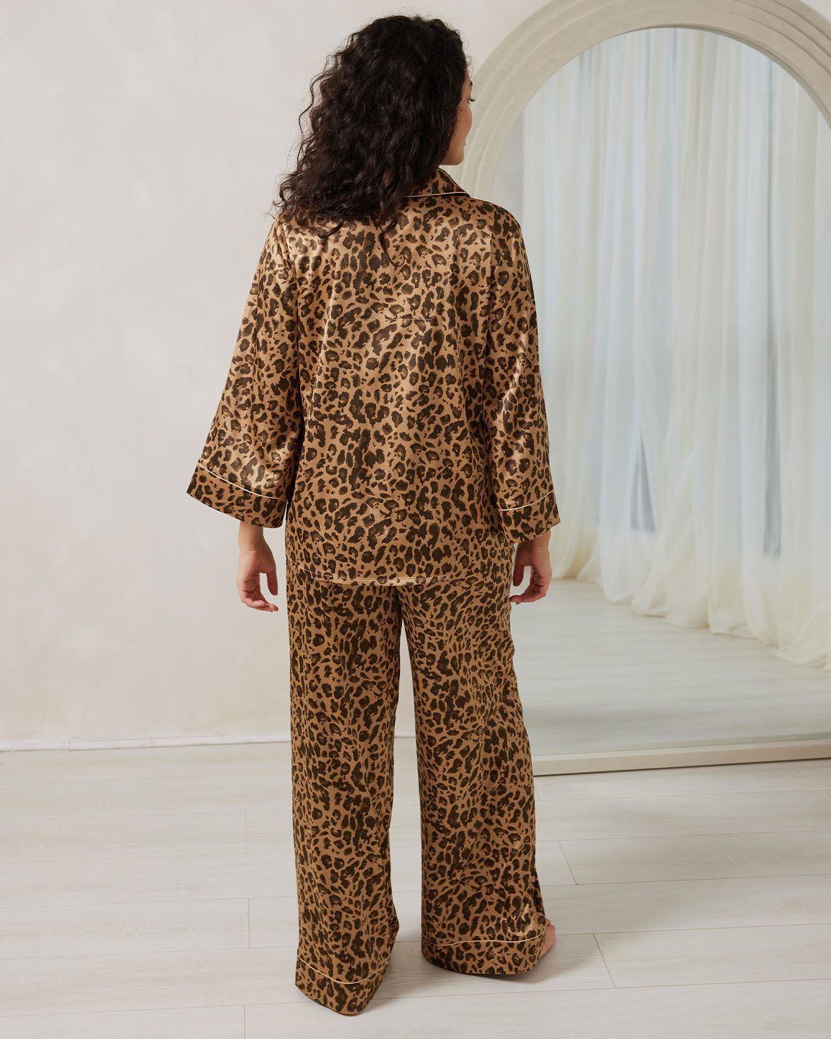 Satin Leopard Print Long Pajama Set for Women - Soft & Comfortable Sleepwear - Perfect for Lounge, Sleep & Relaxation at Home