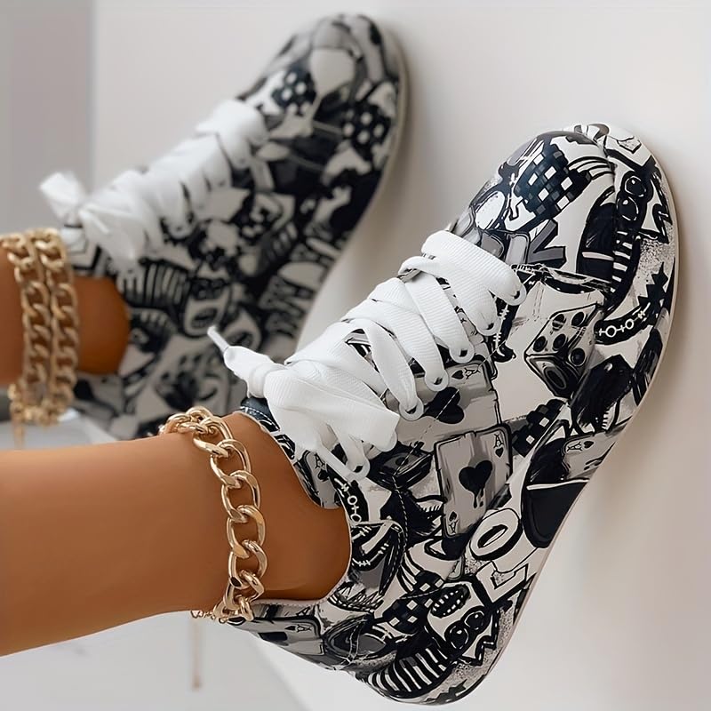Women's Graffiti Print Platform Sneakers - Fashion Low Top Athletic Shoes for Casual Wear, Skateboarding & Street Style | Perfect for Daily Outfits, Urban Fashion & Skater Lifestyle