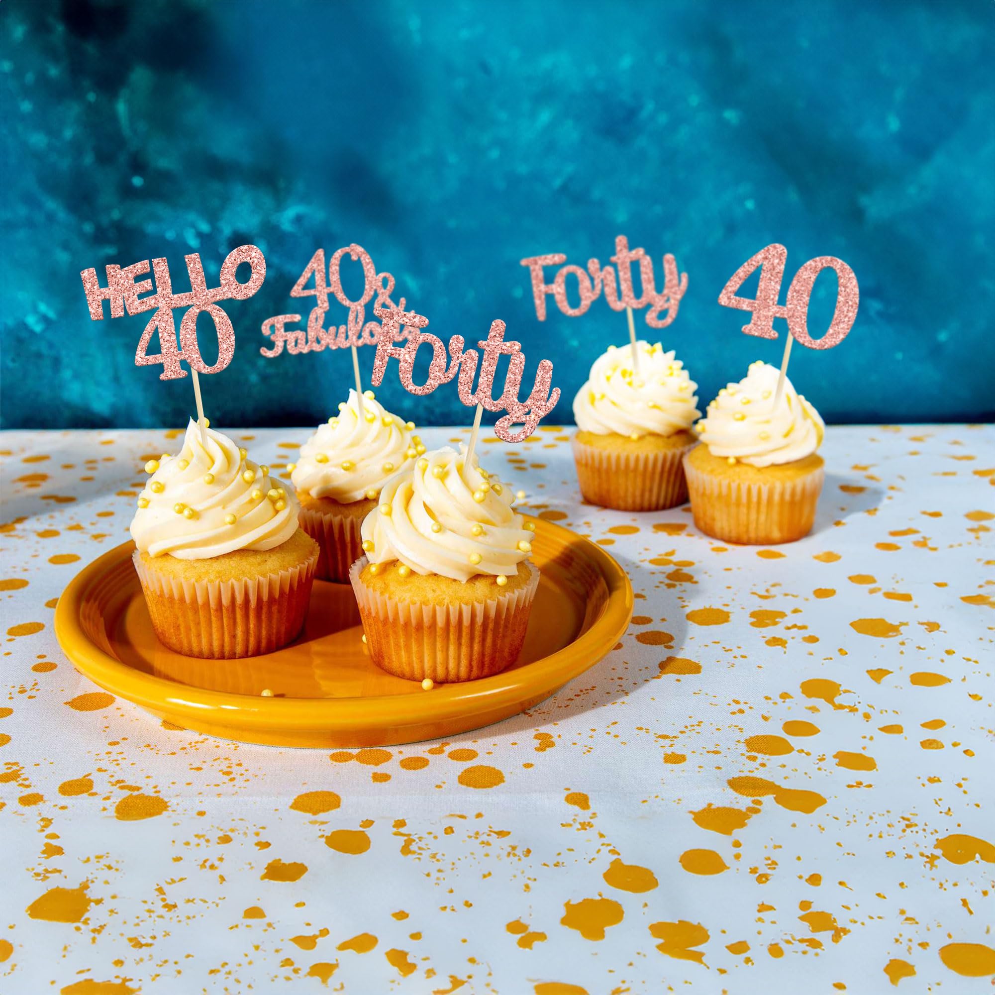 24 Pack Glitter 40th Birthday Cupcake Toppers - Hello 40 Forty Cake Decorations, 40 & Fabulous Rose Gold Cupcake Picks for Women's 40th Birthday Party, Anniversary, Retirement Celebration - Perfect for Cake, Cupcake, Dessert Decorating Supplies