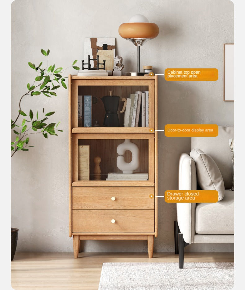 Solid Oak and Ash Wood Flip Door Side Cabinet with LED Lighting - Perfect for Living Room, Bedroom, or Office Storage and Display