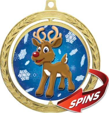 Crown Awards Reindeer Medals - 2.5 Inch Spin Wreath Christmas Medals with Shiny Red Ribbon, Gold Holiday Award for Xmas Party Decorations, School Events & Winter Sports Competitions