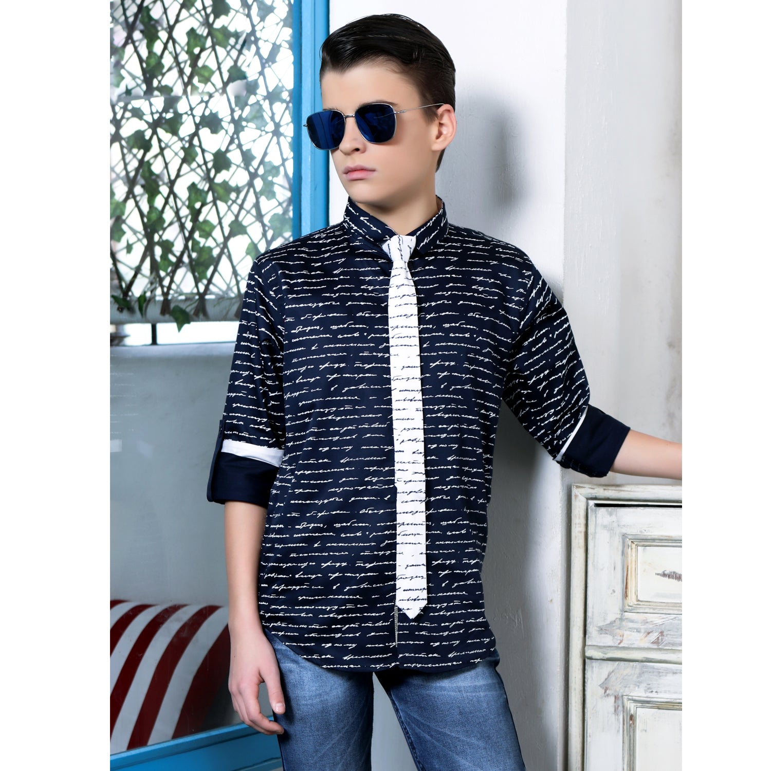 Stylish MashUp Letter Print Party Shirt with Tie - Perfect for Birthday Celebrations, Office Events & Casual Outings