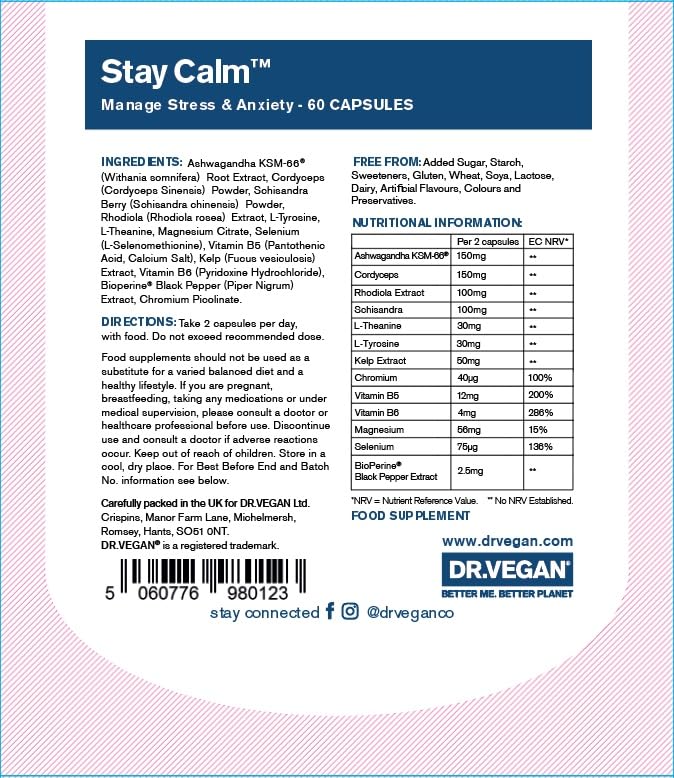 DR.VEGAN Stay Calm Stress Relief Supplement for Men & Women - Ashwagandha KSM 66, Magnesium, L-Theanine, Rhodiola, Schisandra & Cordyceps - 60 Vegan Capsules for Anxiety Relief, Mood Support & Daily Stress Management - Perfect for Work, Study & Busy Lifestyles
