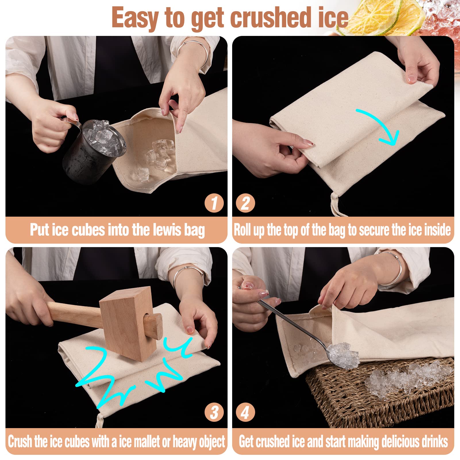 Set of 2 Premium Lewis Ice Bags with Wooden Mallet - 15.3×8.6 Inch Reusable Canvas Ice Crusher Bags for Cocktails, Margaritas & Home Bartending - Perfect for Kitchen, Bar & Party Ice Crushing