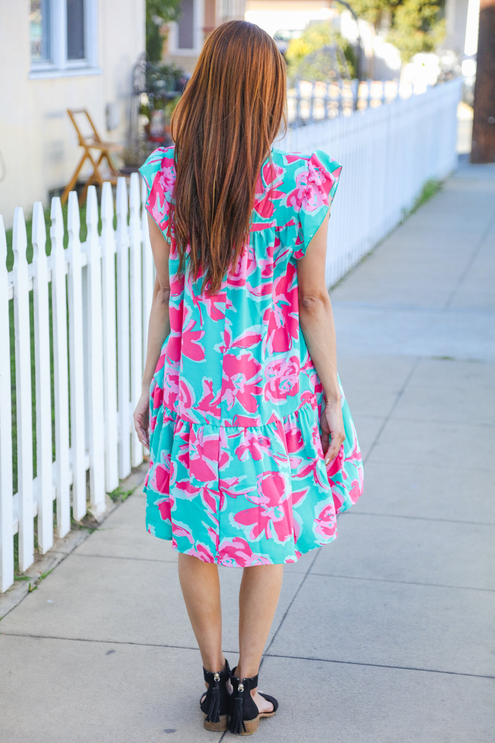 Diva Dreaming Aqua Floral Print Tiered Ruffle Sleeve Dress for Women - Elegant Summer Party Dress for Weddings, Garden Parties & Date Nights