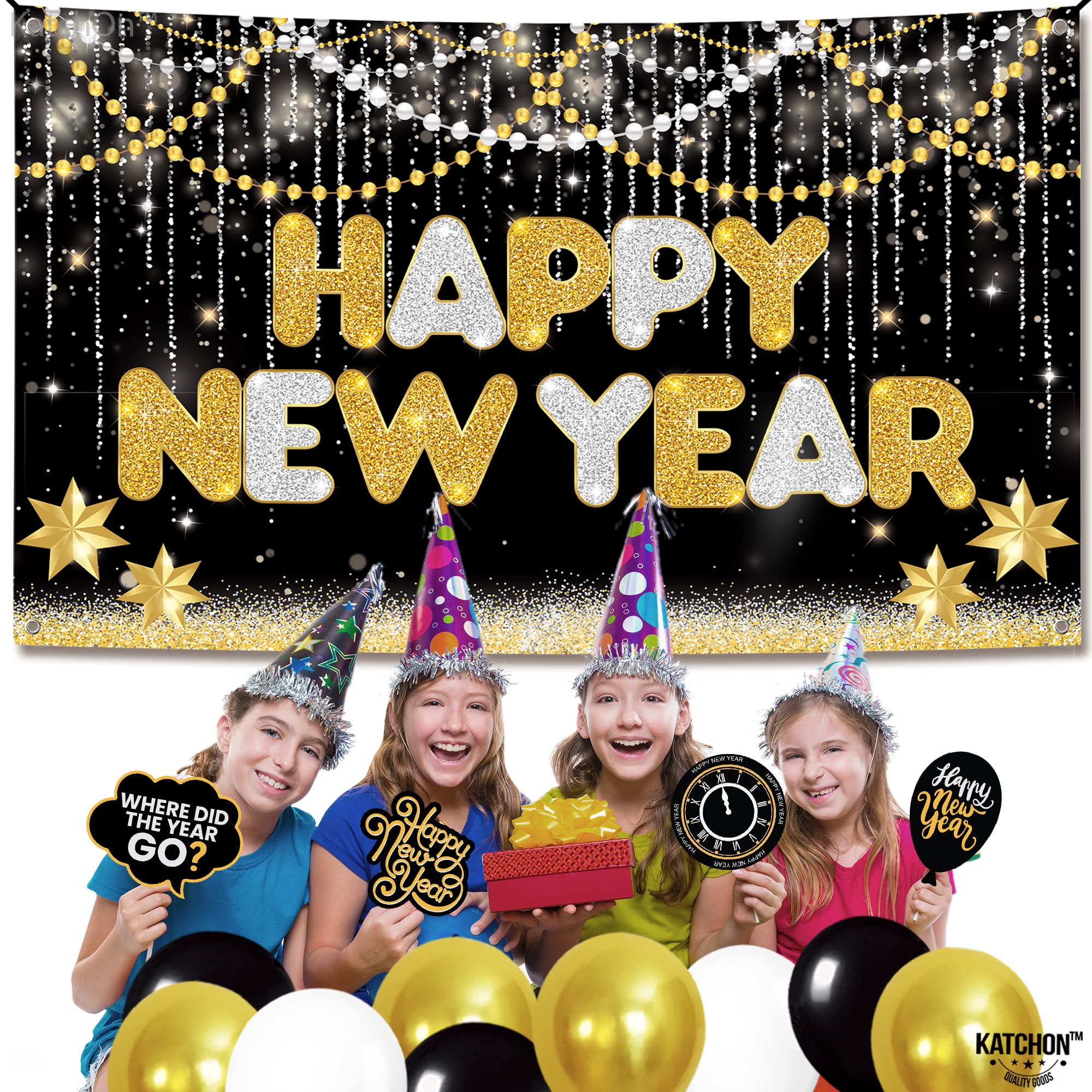 KatchOn Extra Large Happy New Year Banner - 72x44 Inch New Year Backdrop for 2025 | NYE Party Decorations, New Year's Eve Supplies & Festive Wall Decor | Perfect for Home, Office & Event Celebrations