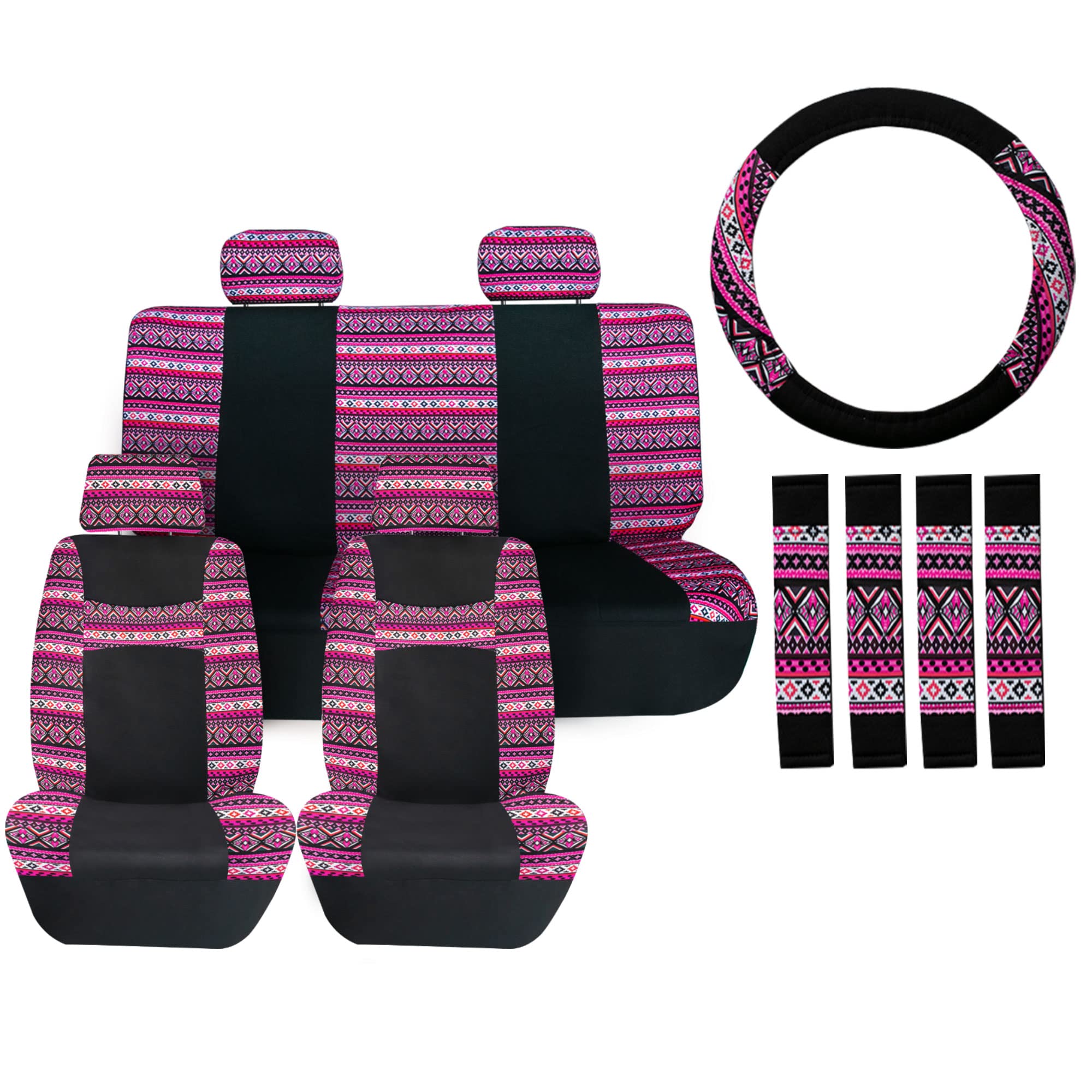 FH Group Full Set Southwestern Print Cloth Car Seat Covers - Universal Fit for Low Back Front Seats & Solid Back Seats | Washable for SUV & Sedan | Pink Southwestern Style | Perfect for Road Trips & Daily Commutes