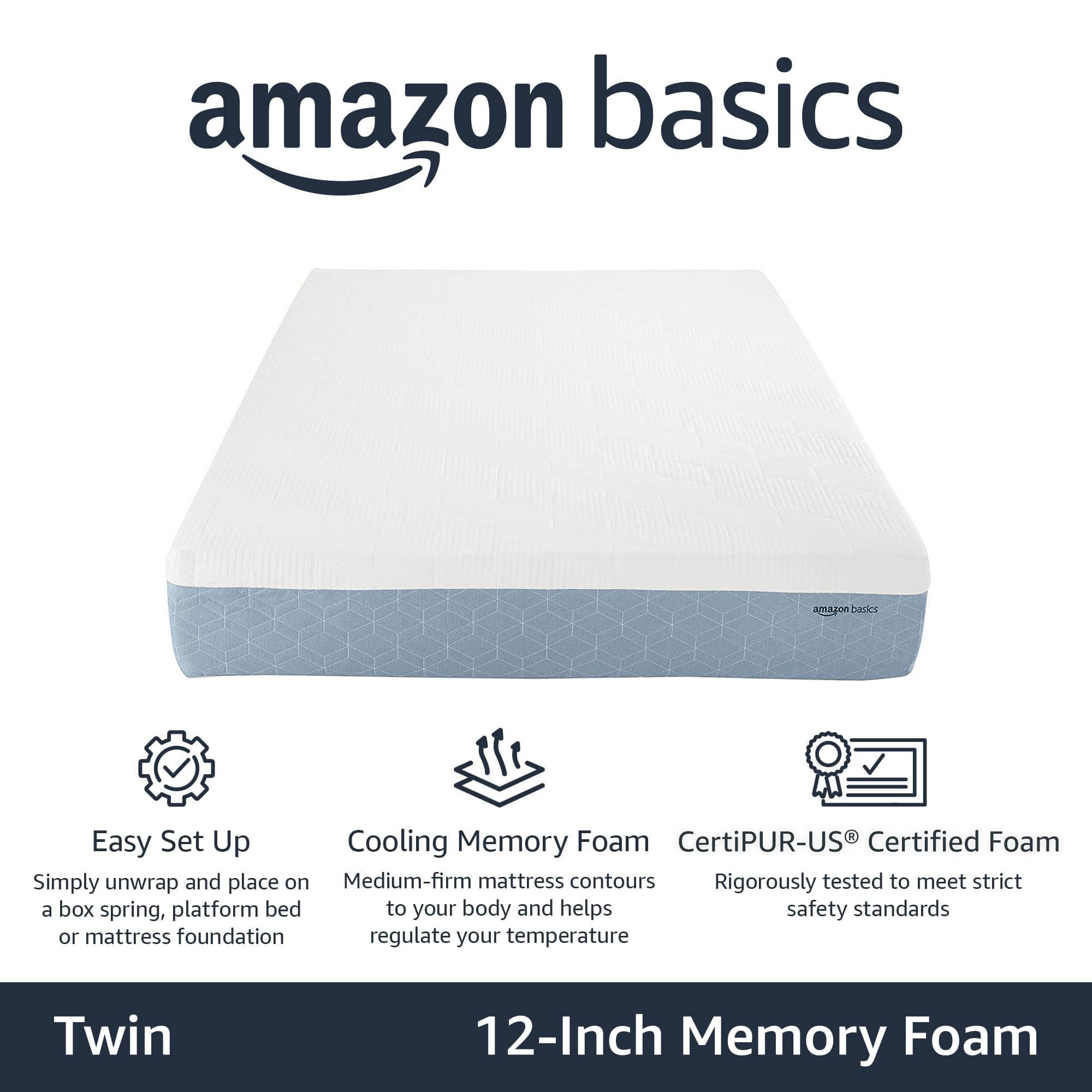 Amazon Basics Gel Memory Foam Mattress - Medium Firm Twin Size, Cooling Technology, CertiPUR-US Certified, 75
