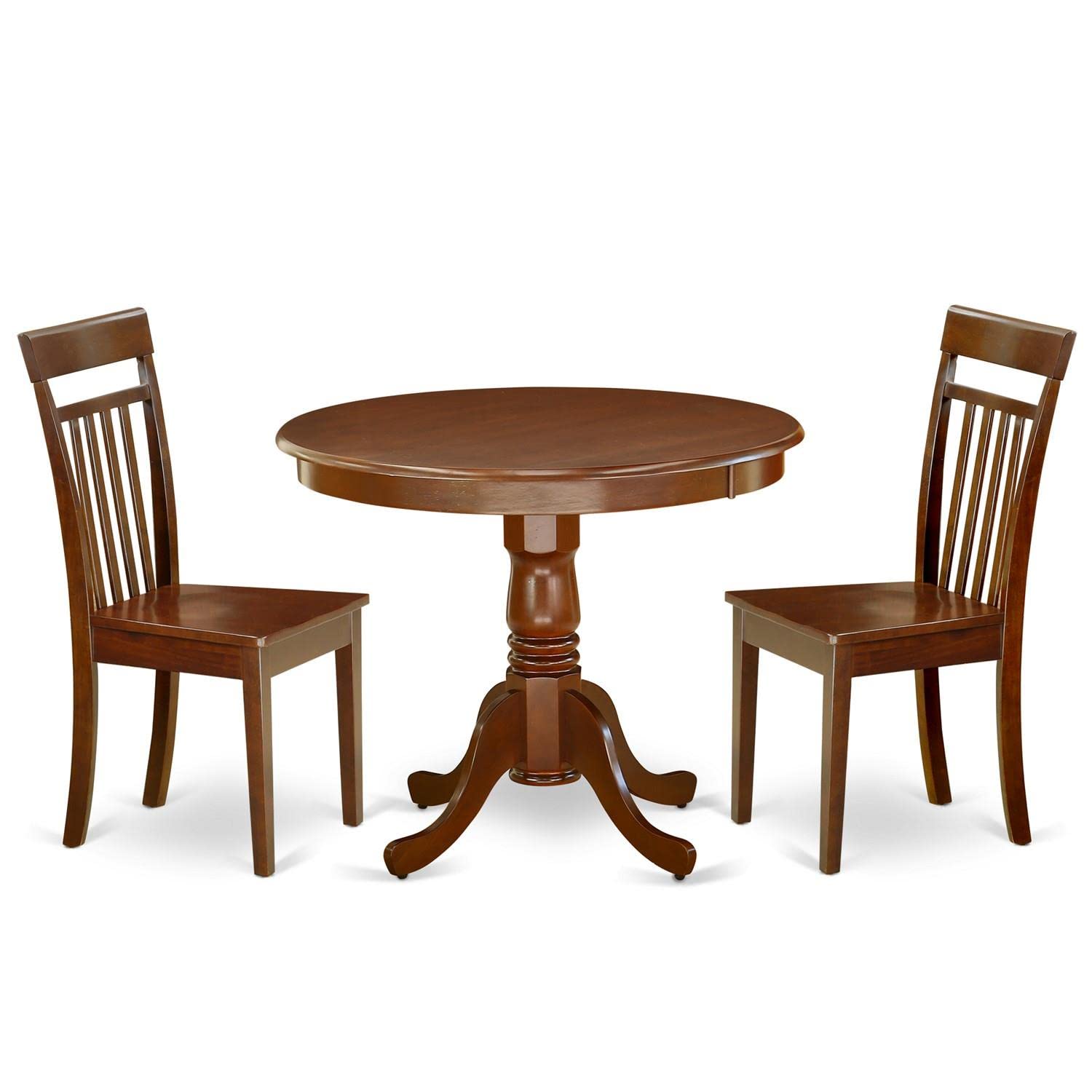 East West Furniture ANCA3-MAH-W 3-Piece Round Dining Table Set with Pedestal Base & 2 Chairs - 36x36 Inch Mahogany - Space-Saving Kitchen & Small Apartment Dining Solution for Breakfast Nooks, Compact Kitchens & Cozy Dining Areas