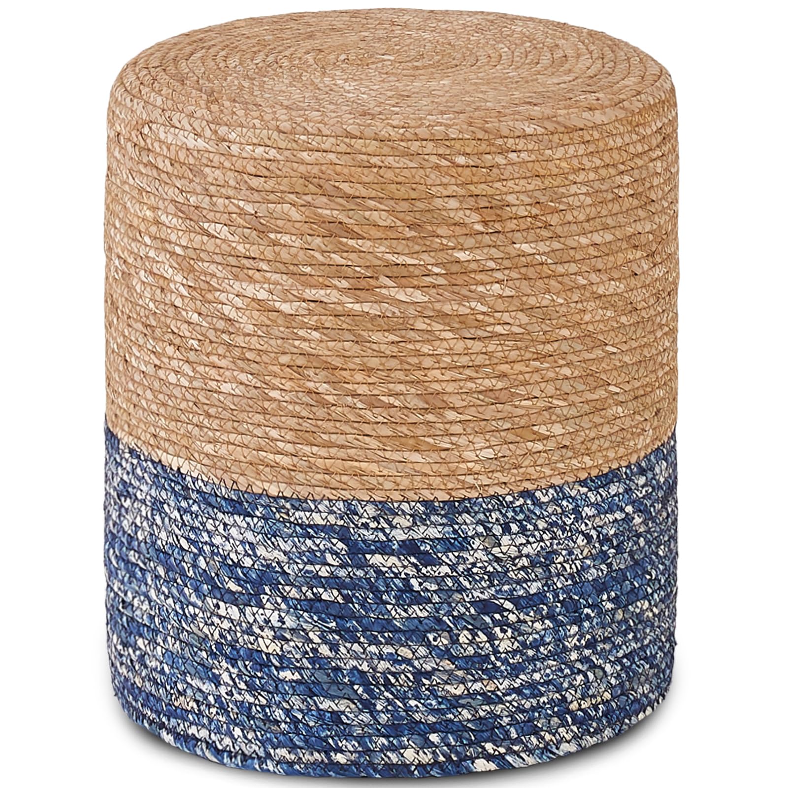 Wimarsbon Natural Seagrass Handwoven Round Ottoman Footstool - Eco-Friendly Living Room & Outdoor Seating (Natural & Blue) - Perfect for Home Decor, Patio Furniture, and Cozy Reading Nooks