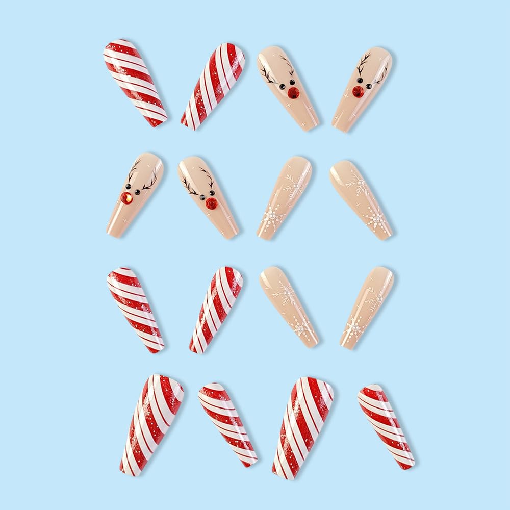 Christmas Press on Nails Long Coffin Fake Nails - Red White Swirl Snowflake Elk Design with Rhinestones & Glitter - 24Pcs Full Cover Acrylic Stick on False Nails for Women - Perfect for Holiday Parties, Gift Giving & Festive Manicures