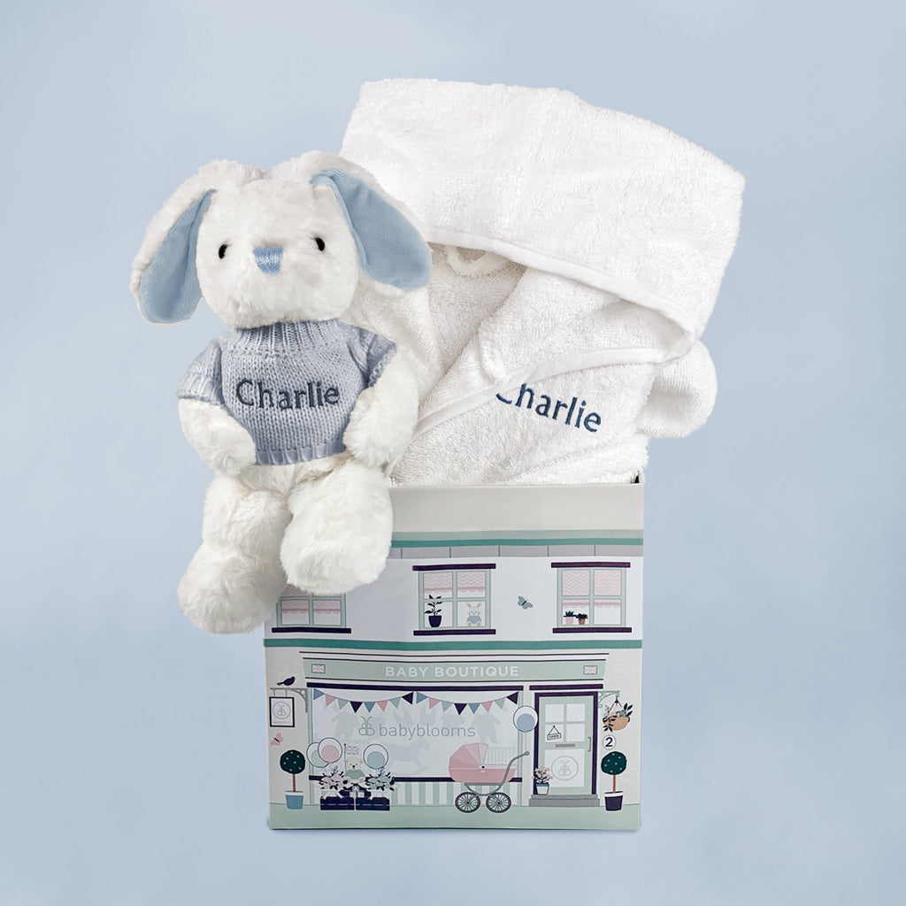 Personalized Little Bunny Bathrobe & Hamper Set for Baby Girls 1-2 Years - Soft Blue & White - Perfect for Bath Time, Nursery Decor & Gift Giving
