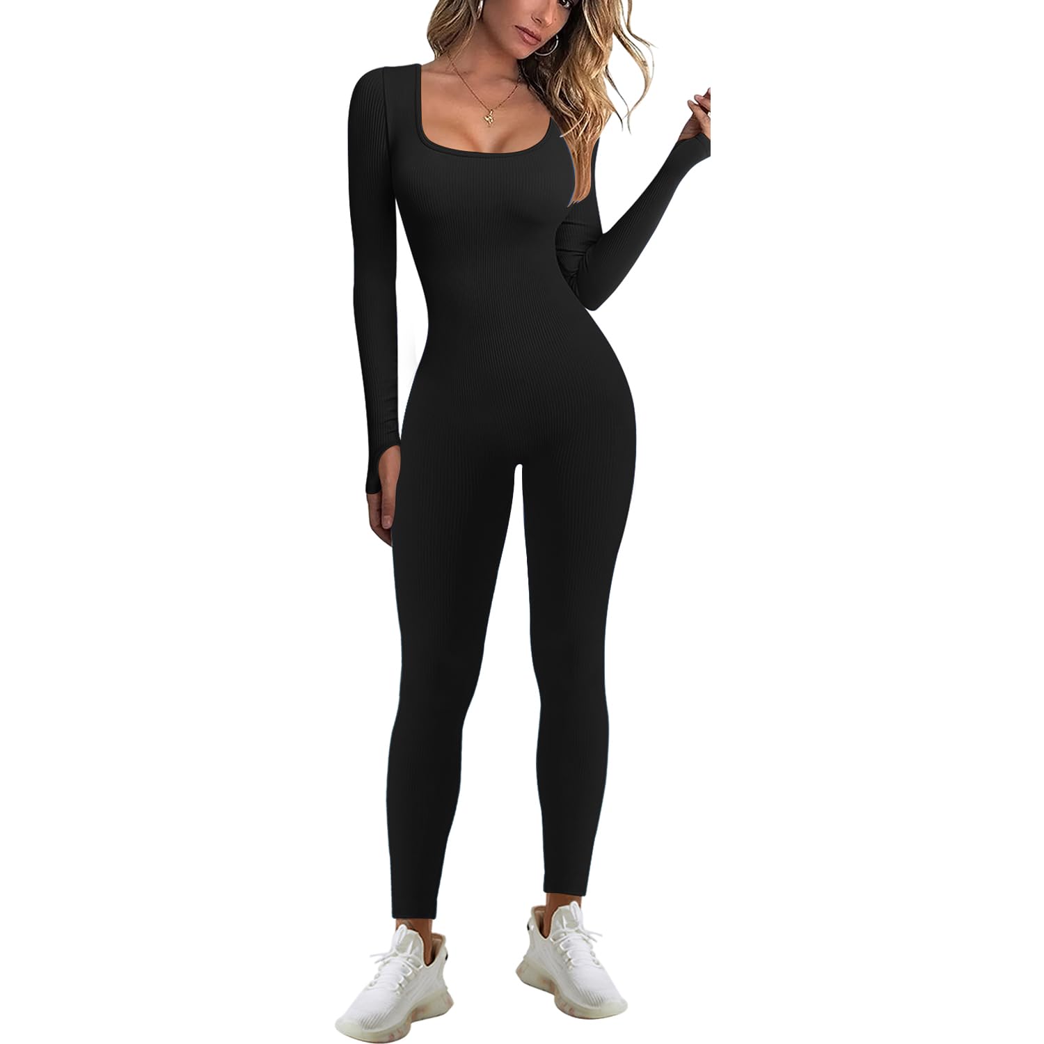 JN JANPRINT Women's Yoga Jumpsuit - Ribbed Square Neck Long Sleeve Bodycon Romper for Yoga, Gym & Workout | Stretchy One-Piece Sportswear for Fitness, Dance & Active Lifestyle