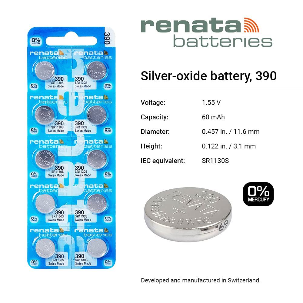 Renata 390 SR1130SW Silver Oxide Watch Battery - 1.55V Long Lasting Power (2 Pack) for Watches, Calculators & Medical Devices