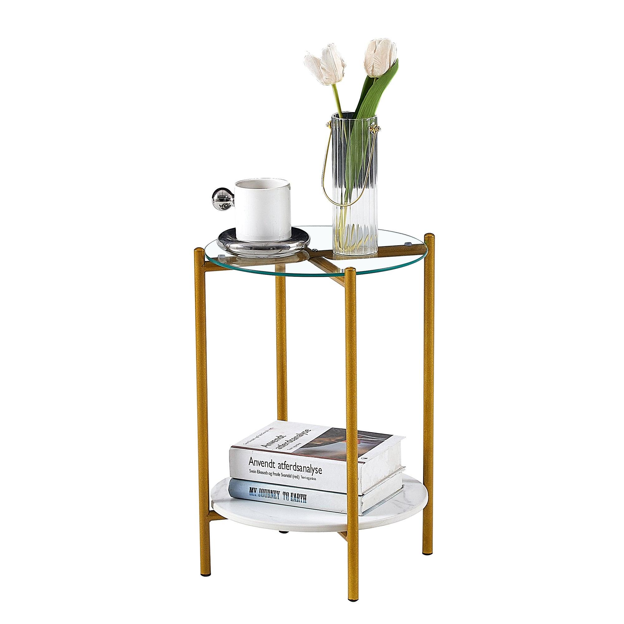 2-Tier Round End Table with Tempered Glass & Marble Top - Gold Metal Frame Accent Table for Living Room, Bedroom, Office - Perfect for Coffee, Books & Decor Display