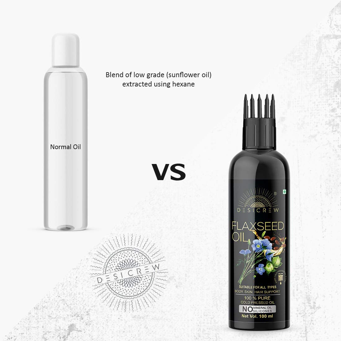 Desi Crew 100% Pure Cold Pressed Flaxseed Hair Oil with Comb Applicator - No Mineral Oil & Silicones - Natural Hair Growth & Scalp Treatment - 100mL (Pack of 2) for Dry, Damaged Hair & Skin Care - Perfect for Daily Nourishment & Styling