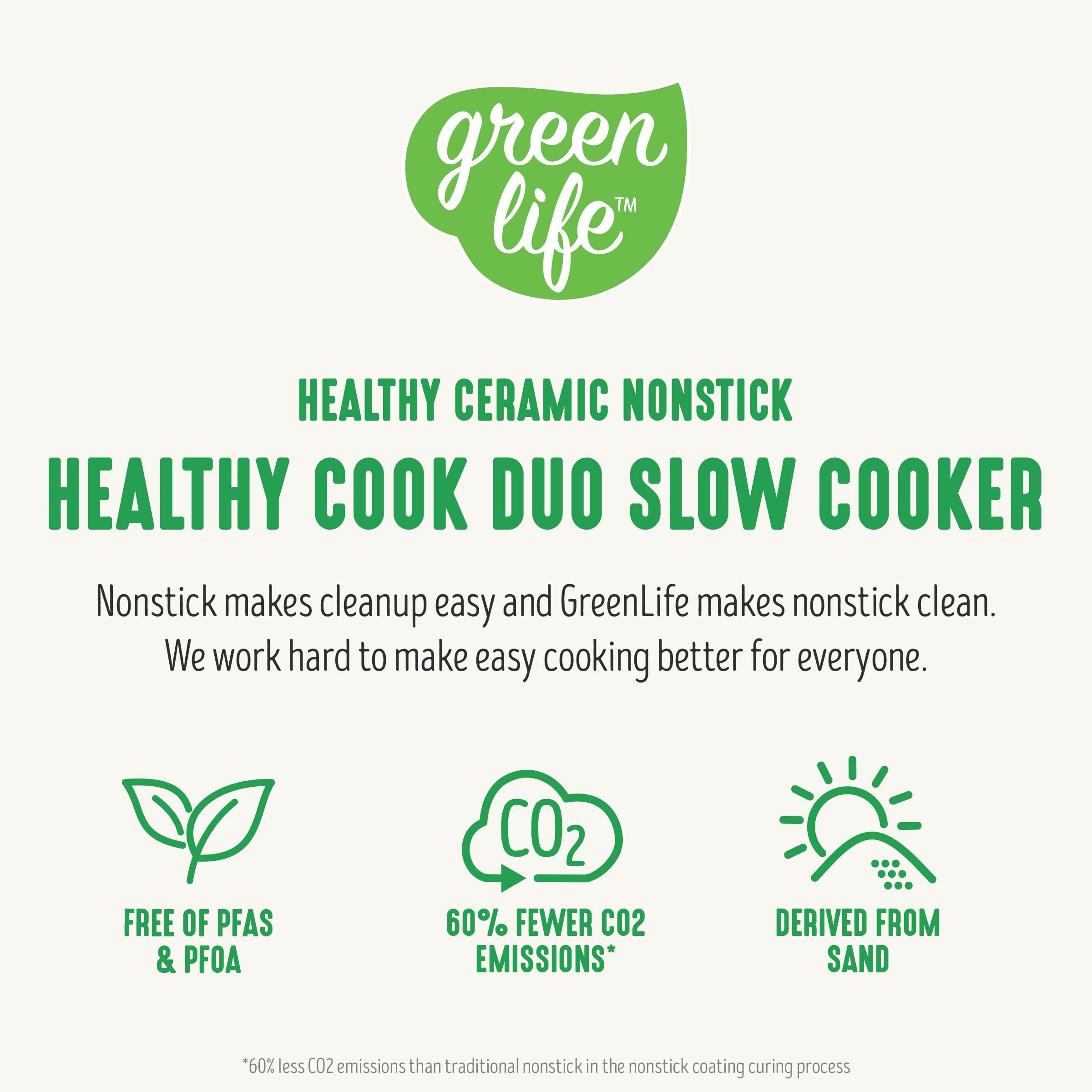 GreenLife 6 Quart Ceramic Slow Cooker - PFAS-Free, Programmable Crock Pot with Removable Nonstick Pot, Digital Timer & Stovetop Sear Function | Perfect for Large Families, Meal Prep, Soups, Stews & Holiday Gatherings | Dishwasher Safe Glass Lid & White Crock