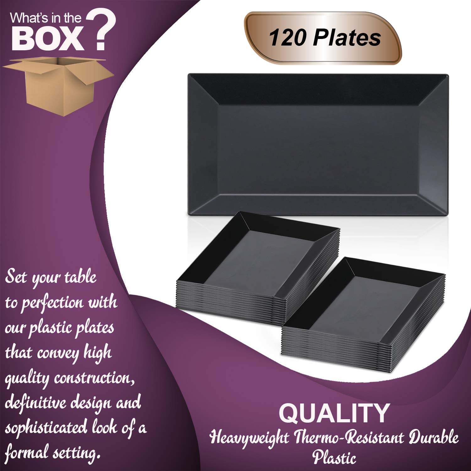 Elegant Disposable Plastic Dessert Plates 120 Pcs - Rectangle Black Salad Appetizer Plates Bulk for Wedding, Birthday Party & Special Events | Perfect for Catering, Buffets & Home Entertaining
