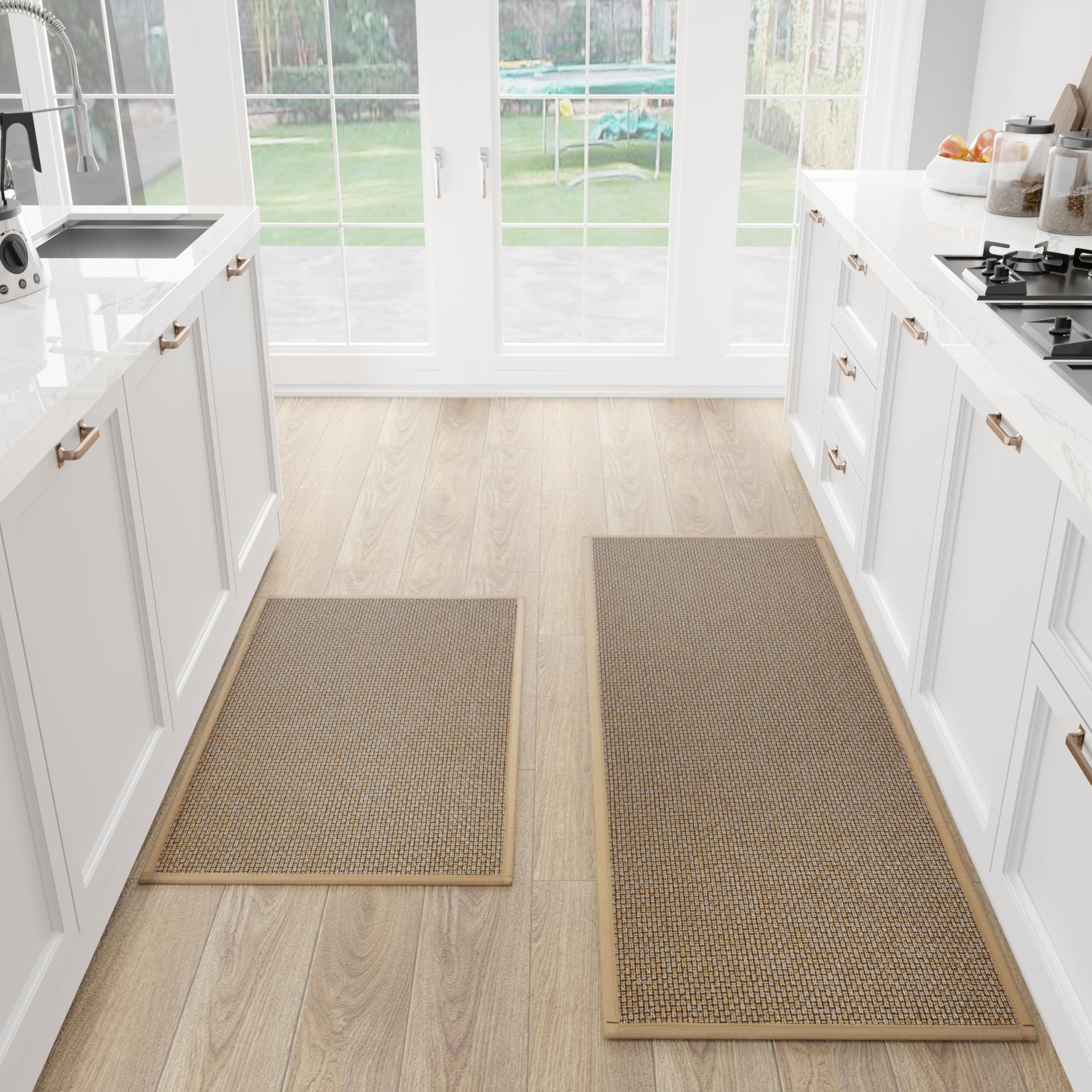 Non-Slip Kitchen Floor Mats Set of 2 - Cushioned Absorbent Rugs for Comfortable Standing, Washable Runner for Kitchen, Office & Home - Brown (17.3