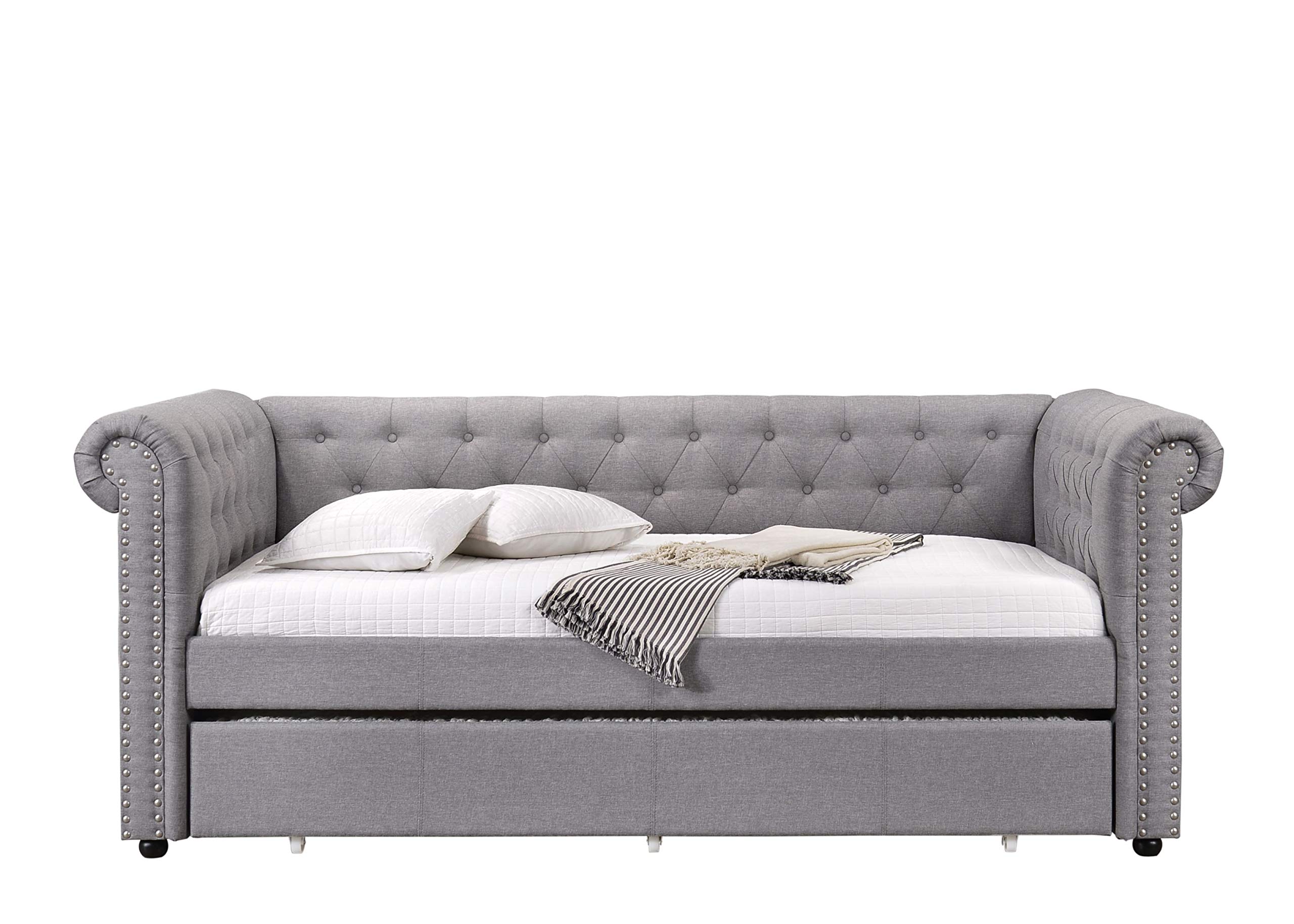 Harper & Bright Designs Upholstered Twin Daybed with Trundle - Twin Size Bed with Slat Support, Nailhead Trim & Rolled Arms - Convertible Sofa Bed for Living Room, Bedroom or Guest Room (Smoke Gray Fabric) - Perfect for Small Spaces & Sleepovers